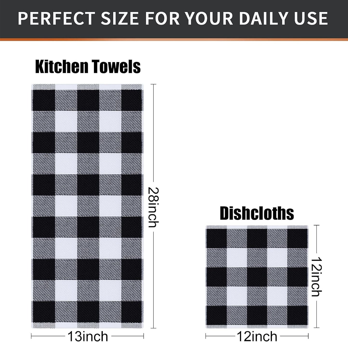 Mordimy 8 Pack Kitchen Towels and Dishcloths Set, Black & White | 28 X 13 Inch and 12 X 12 Inch, Super Soft