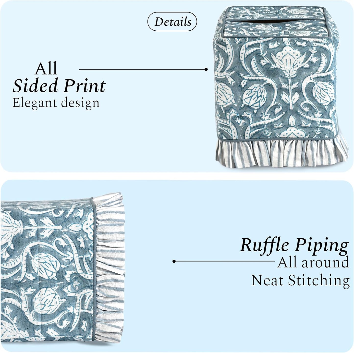 CPC Hand Block Print Cotton Ruffle Tissue Box Cover " Decorative / Azure Regal / 4.5 x 4.5 x 5