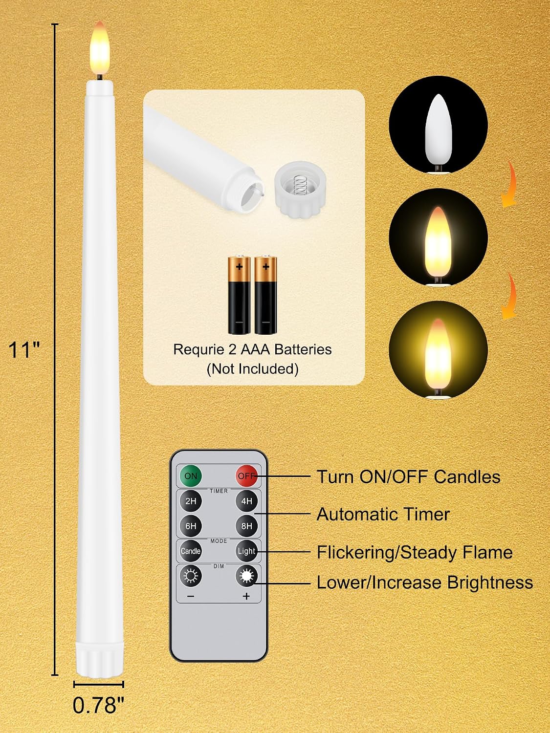 12 Pcs Flameless Taper Candles with Remote Timer, 11" Long Battery Operated Taper Candles, Flickering 3D Flame, Plastic