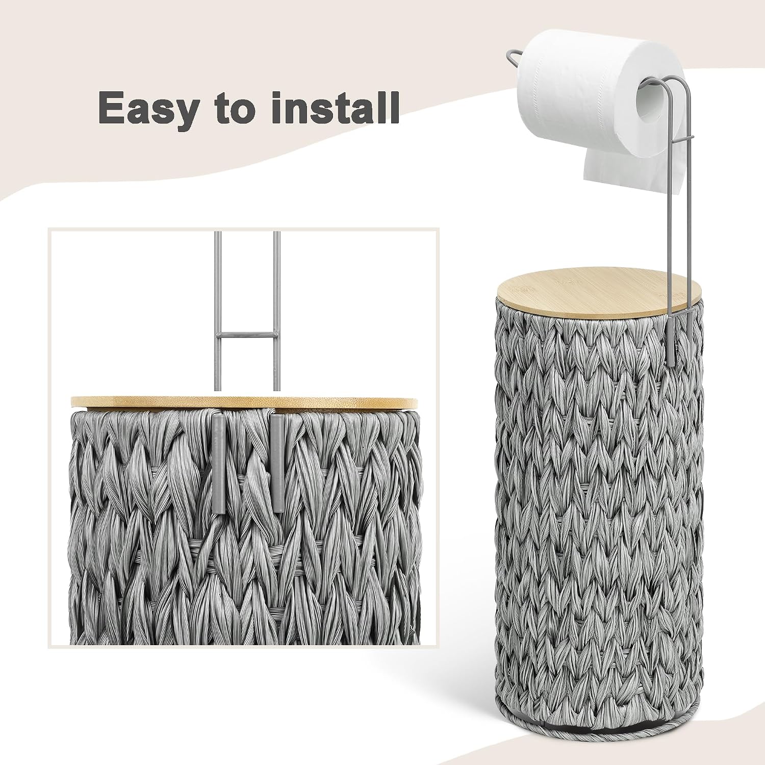 Toilet Paper Holder Stand with Lid Free Standing Storage for Bathroom Grey | Wciker, Water Hyacinth, 3 Rolls of Toilet