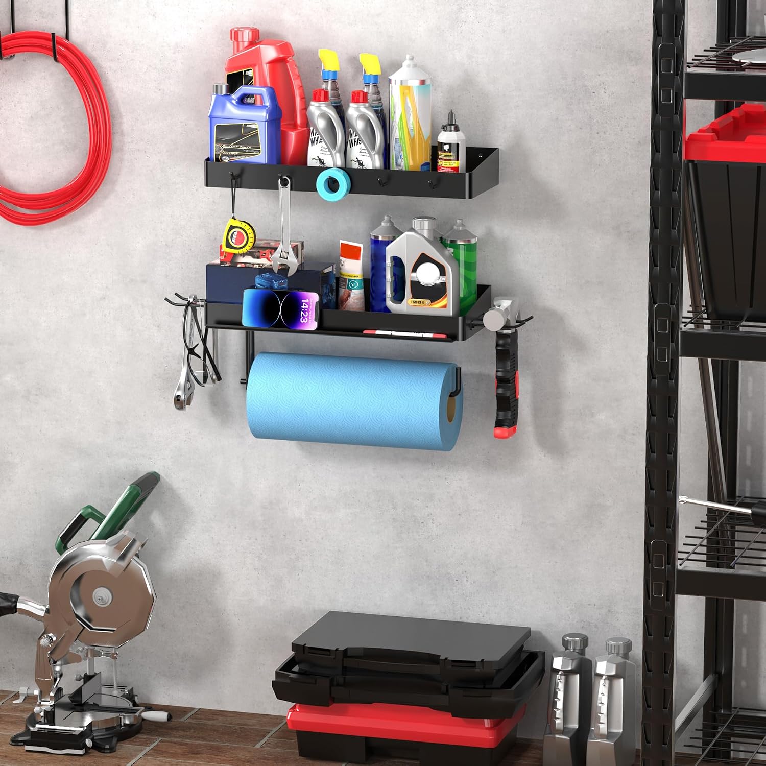 ZUNTO Pack of 2 Black Paper Towel Holder and Organizer Shelf for Garage, Wall Mounted Paper Roll Holder with Shelf and