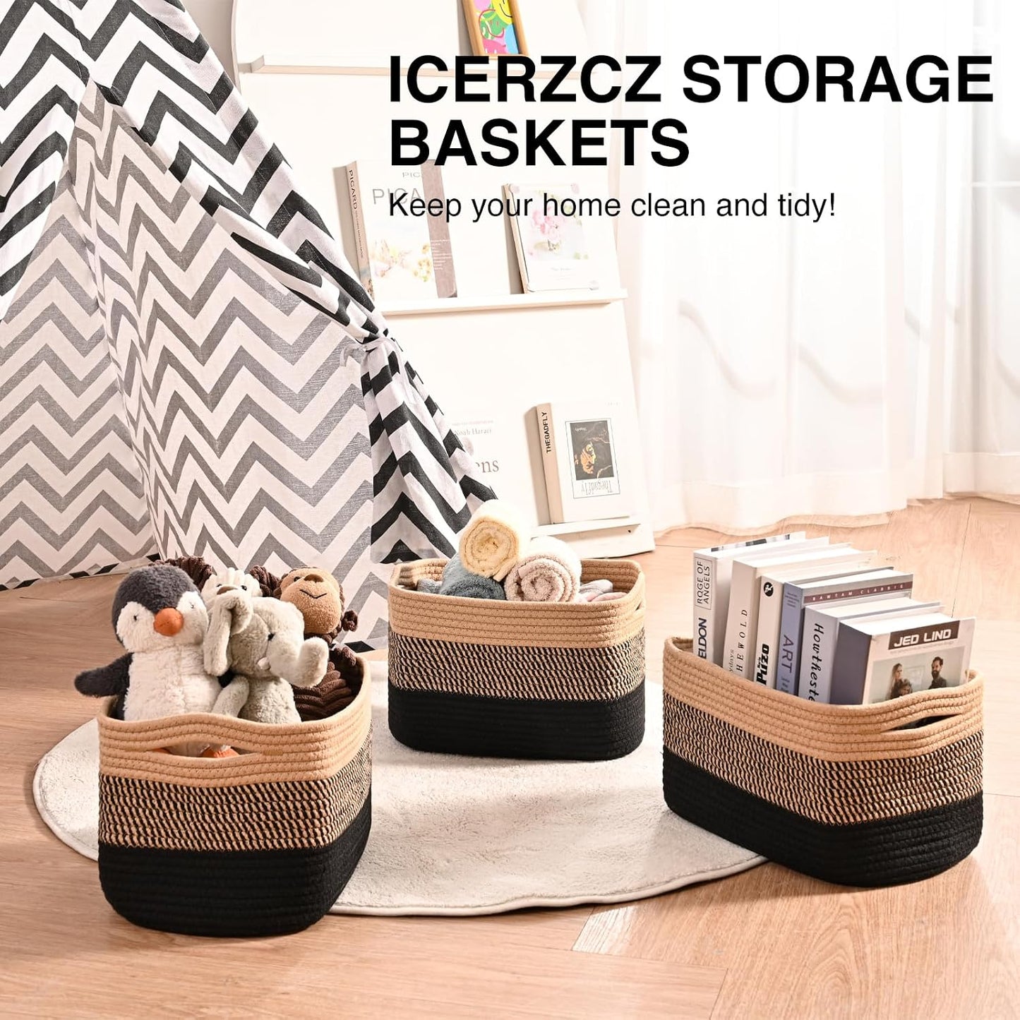 Woven Cotton Rope Baskets for Storage / Gradient Black & Jute