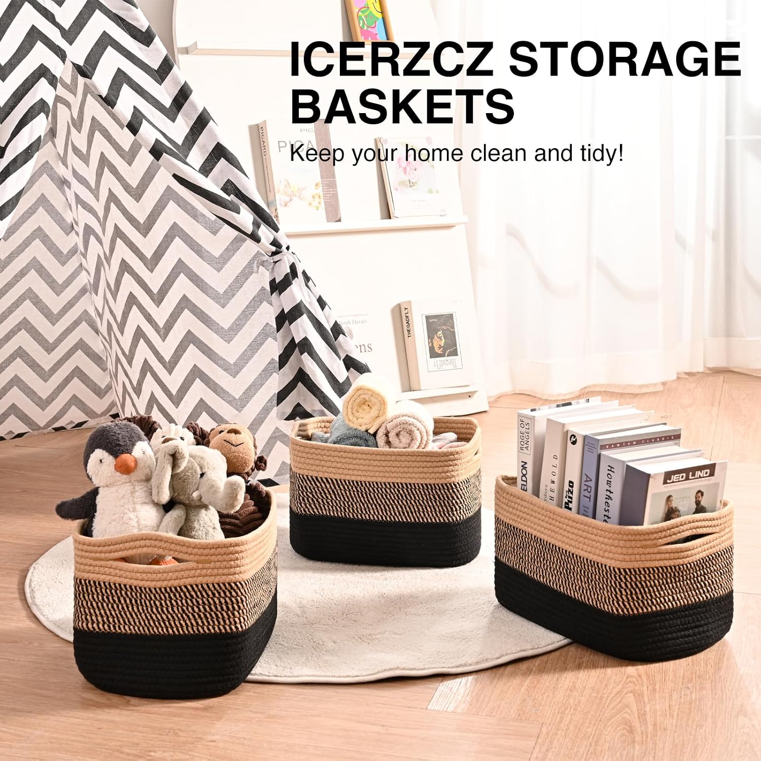 Woven Cotton Rope Baskets for Storage / Gradient Black & Jute