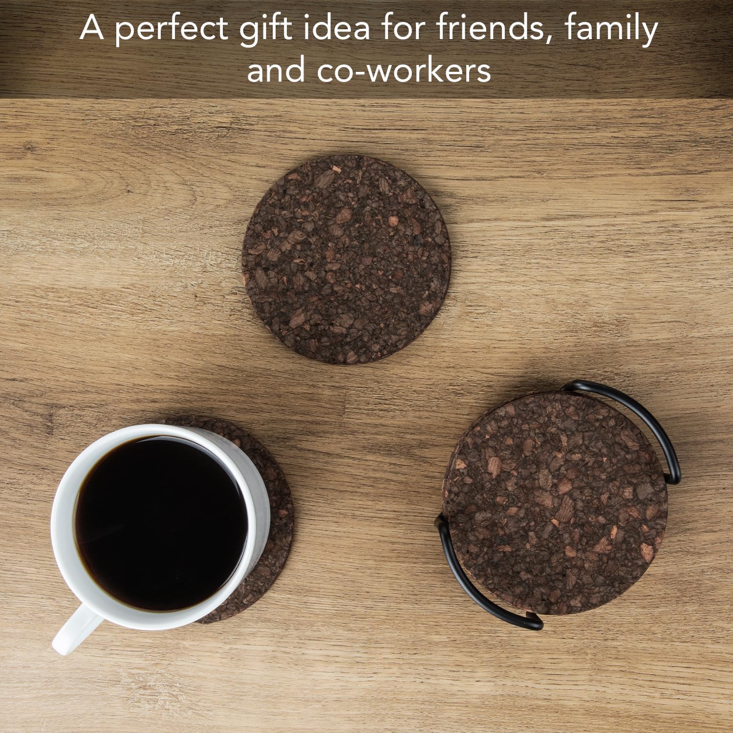 Thick Dark Cork Coasters in Attractive Coaster Holder 4.7" Round Durable / Black / Set of 6