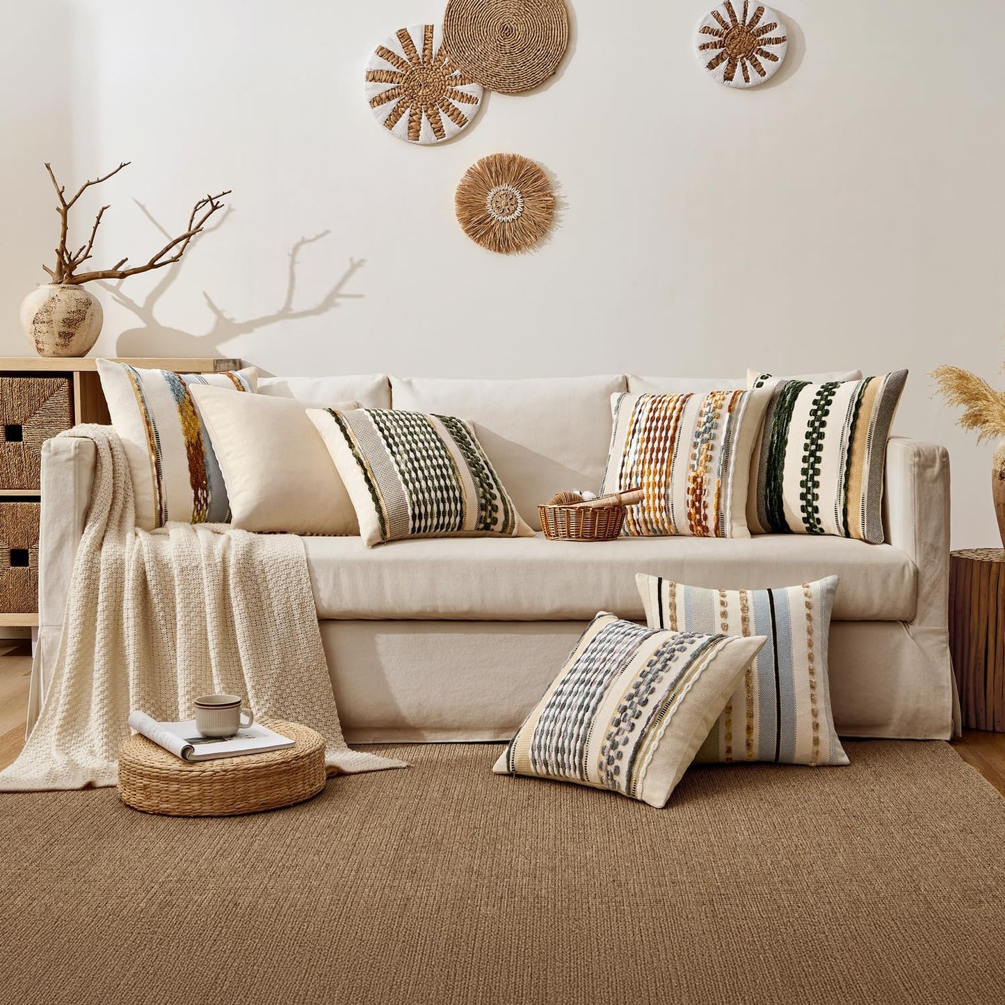 Boho Decorative Throw Pillow Covers Farmhouse Cushion Case Striped / Olive Green Stripe / 18 x 18