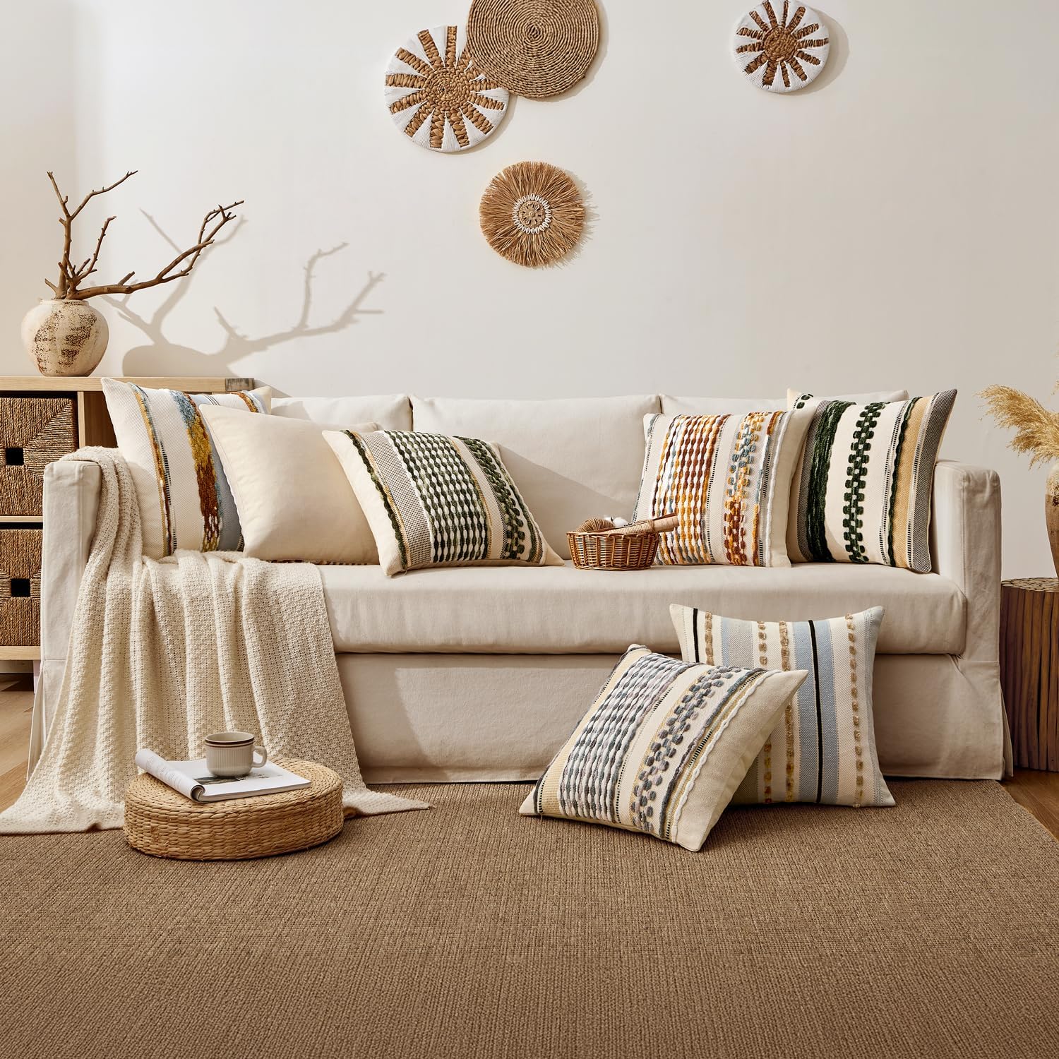 Boho Decorative Throw Pillow Covers Farmhouse Cushion Case / Brown Stripe / 18 x 18 / Set of 2