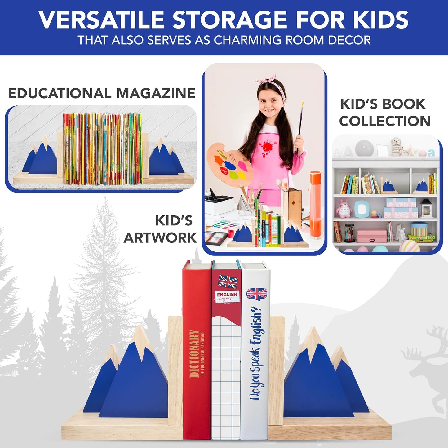 Non-Skid Wooden Bookends for Kids / Blue