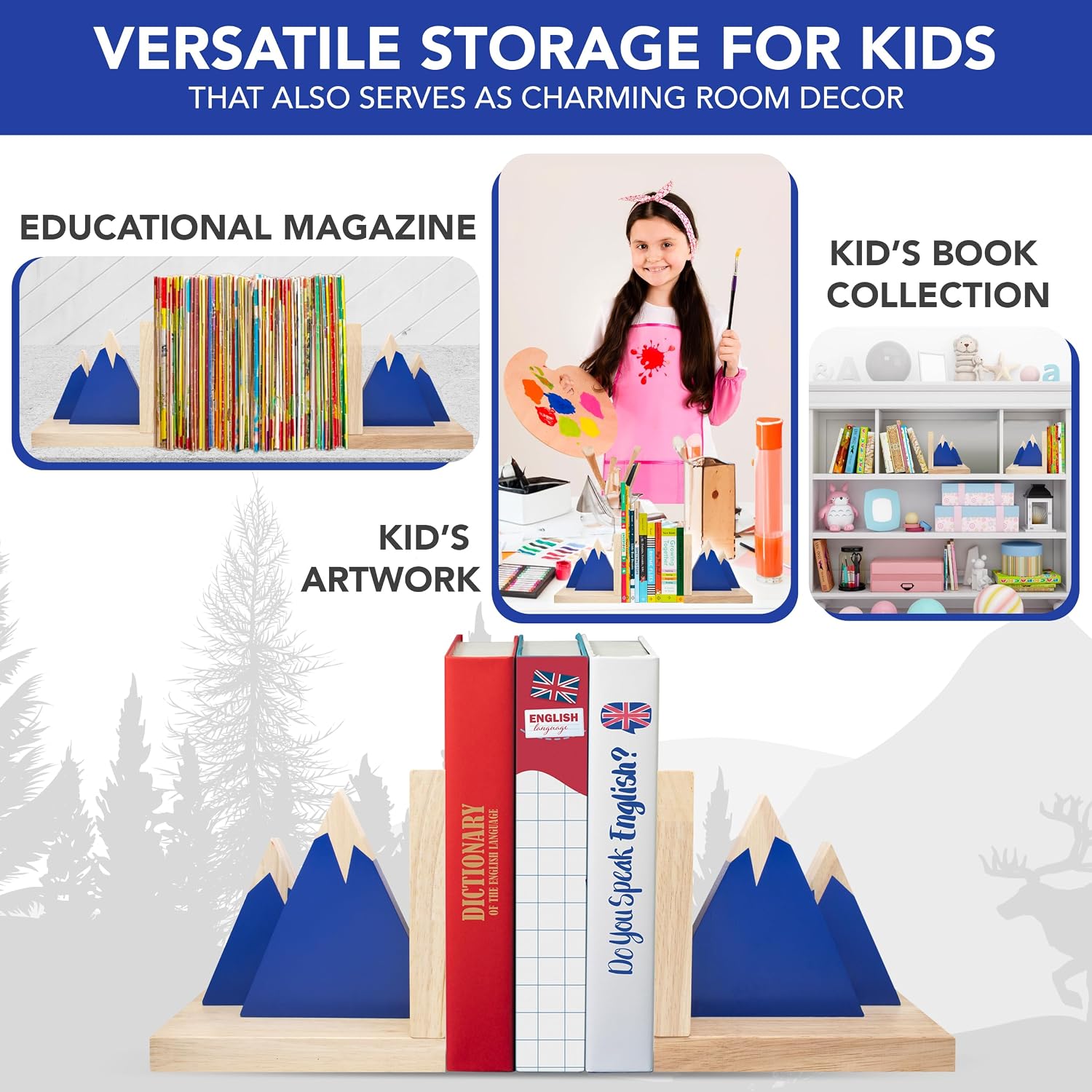 Non-Skid Wooden Bookends for Kids / Blue