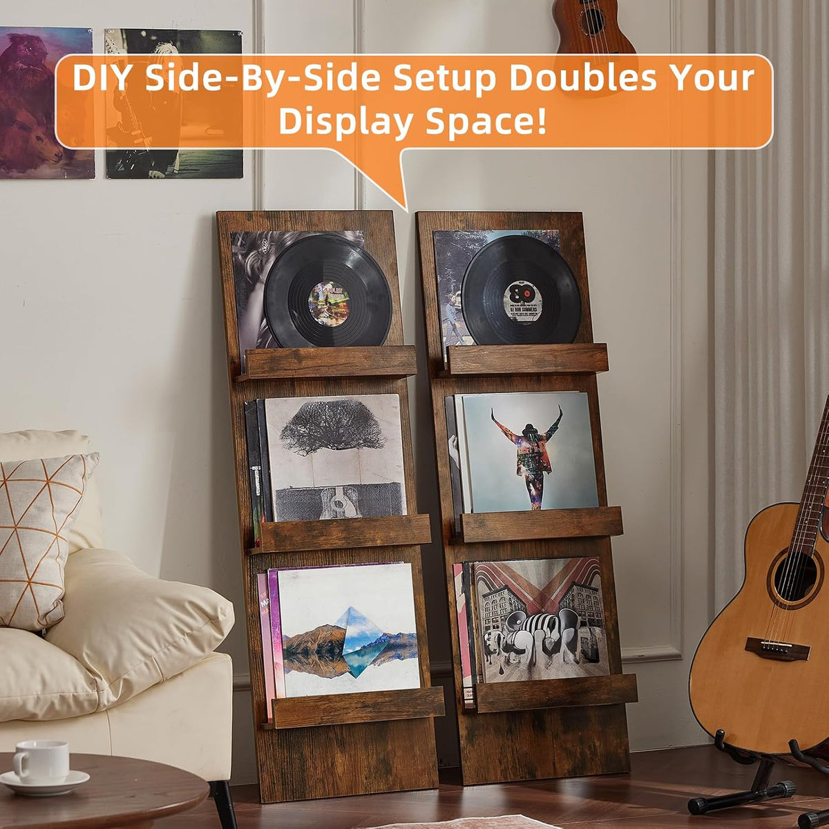 Wall-Leaning Vinyl Record Holder Set of 3 with 3 Tier Display Shelf, 47.5'' Tall Record Storage Magazine Holder, Vinlys