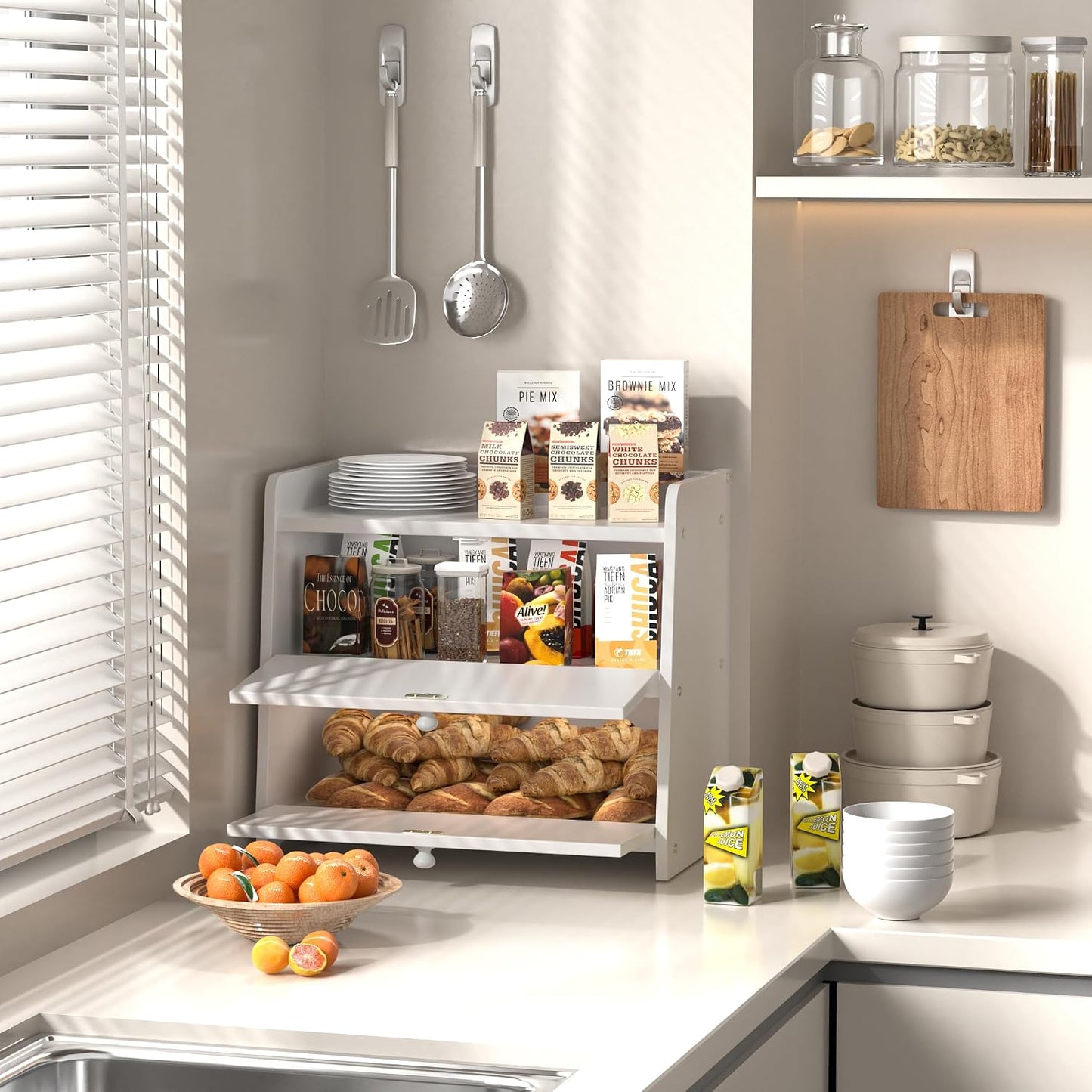 Bread Box for Kitchen Countertop, Double Layer Wooden Breadbox, Large Capacity Bread Storage Bin, Homemade Bread