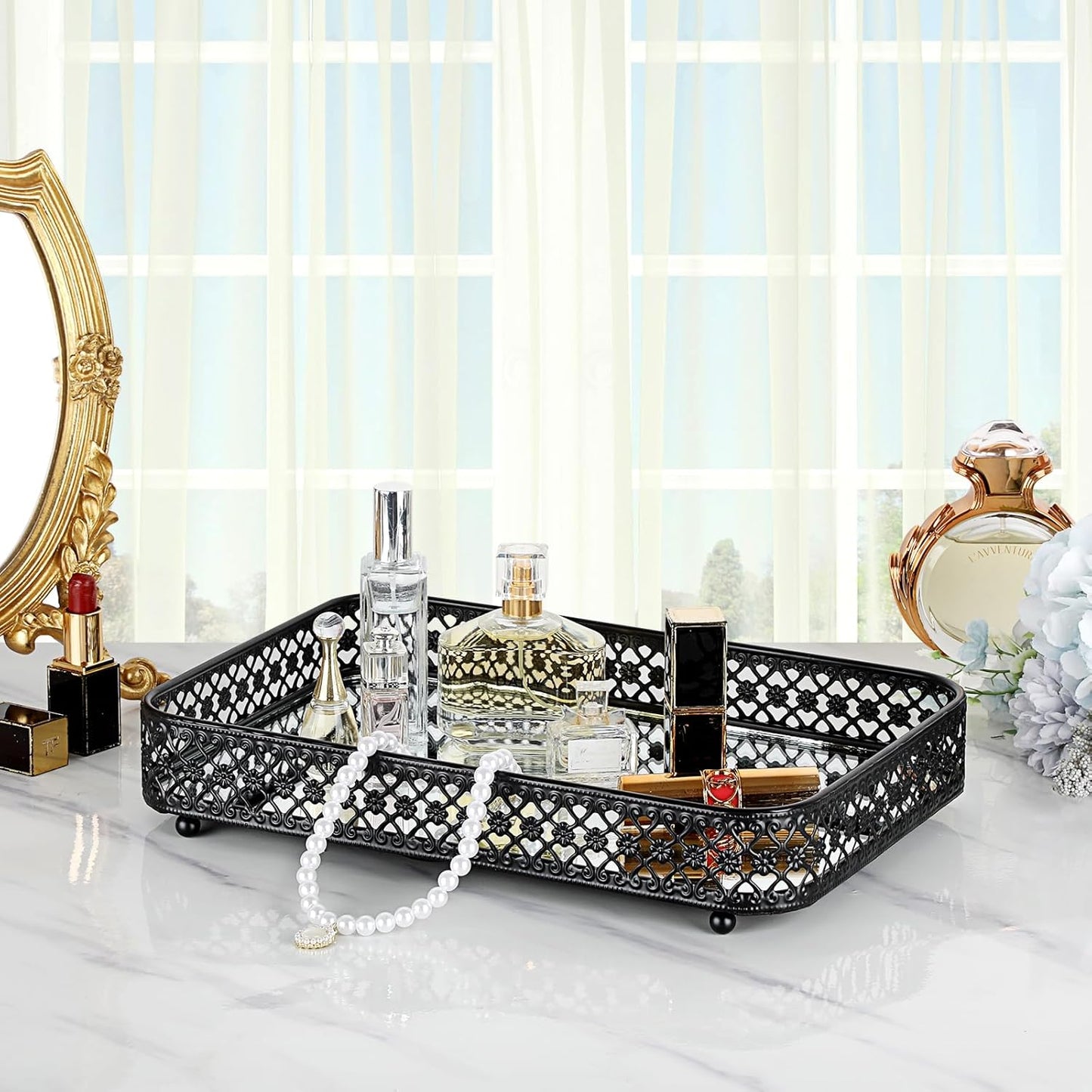 Glass & Metal Trinket Organizer for Dresser / Black / 11.8 x 7.9 x 2