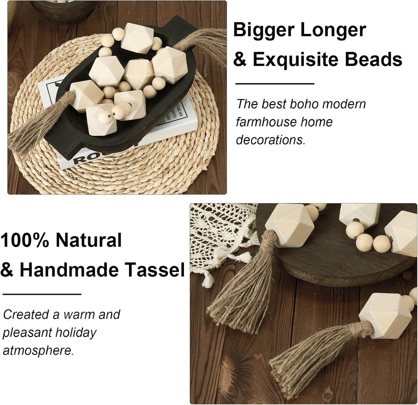 Extra Large Wood Bead Garland / 6 Nature Beige Octagon / 42 Inches