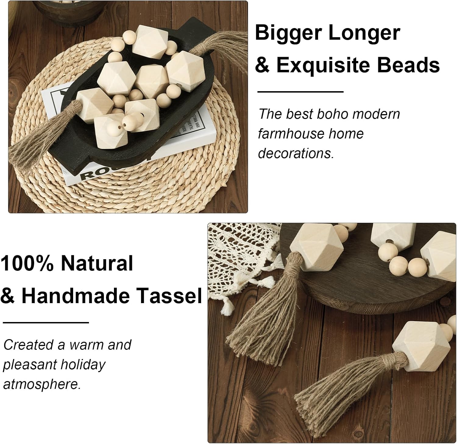 Extra Large Wood Bead Garland / 6 Nature Beige Octagon / 42 Inches