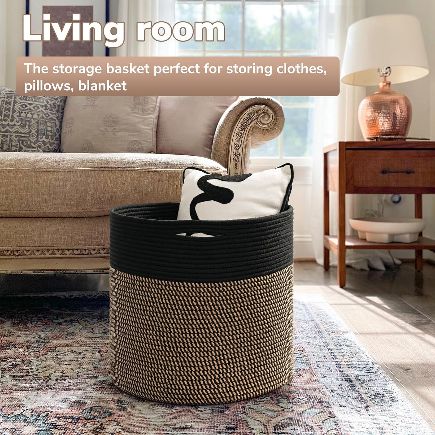Woven Rope Storage Basket / Black & Mix Jute / 15.8 x 15.8 x 13.8