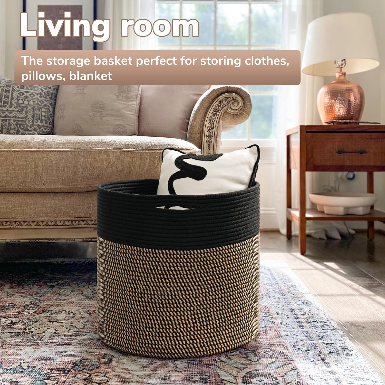Woven Rope Storage Basket / Black & Mix Jute / 15.8 x 15.8 x 13.8