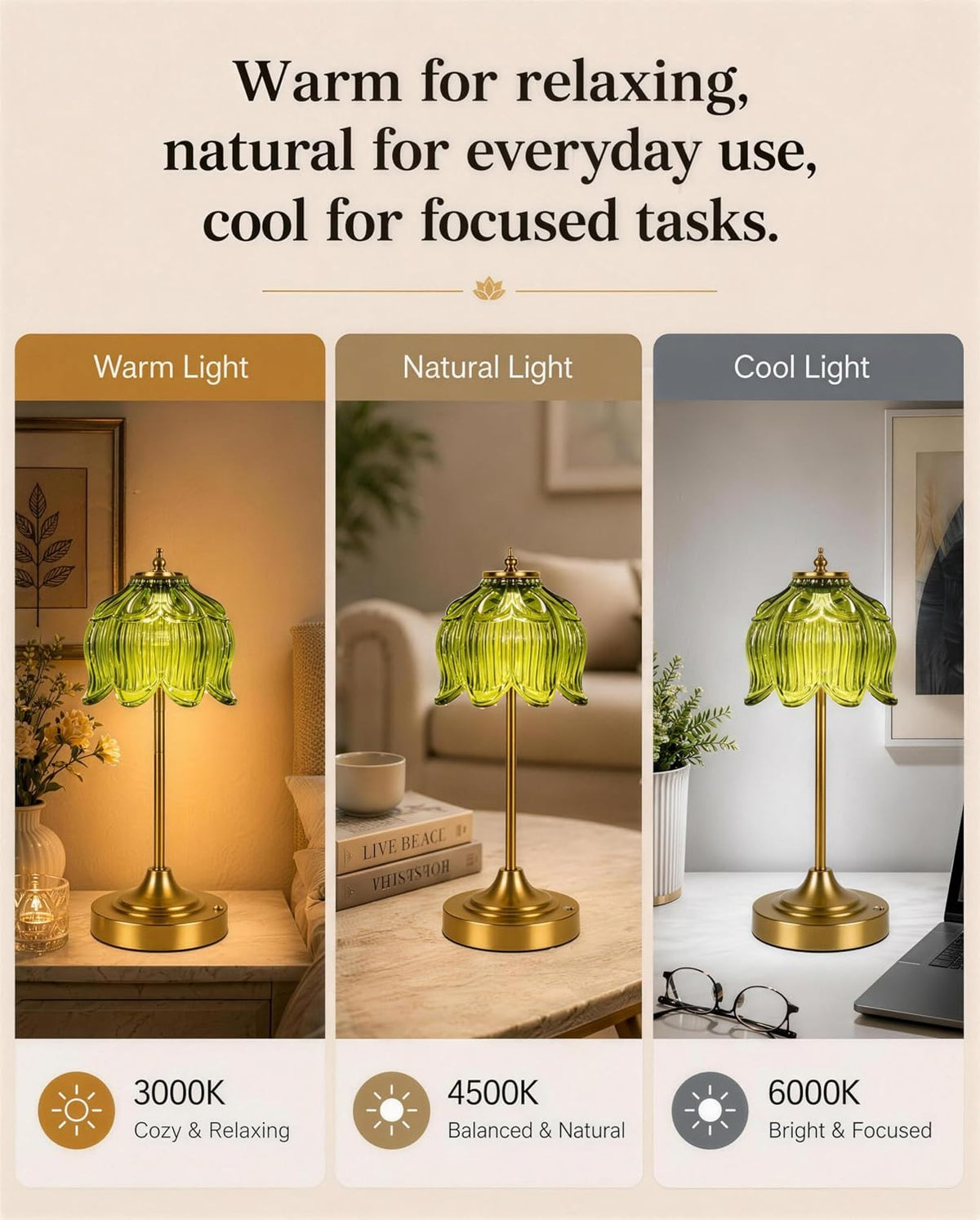 Lotus Flower Cordless Rechargeable Table Lamp, 3 Color Modes, Touch Control | 5200mAh Battery Powered Glass Table Lamp