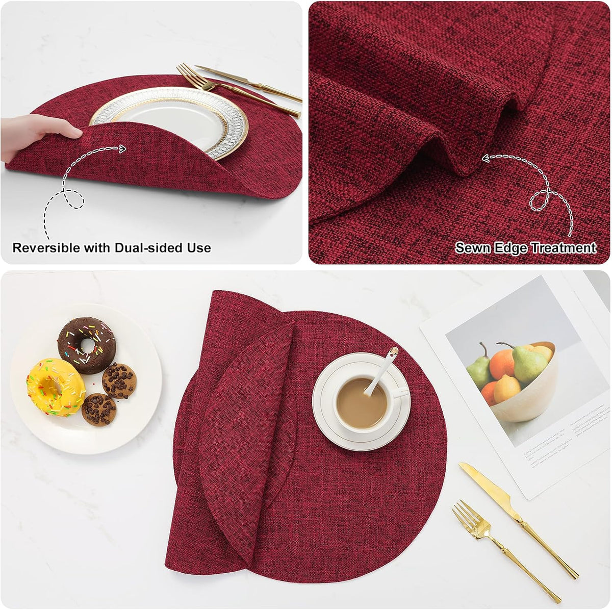 Cotton Linen 15 Inch Round Cloth Place mats, Set of 6, Red | Washable Table Mats, Heat Resistant, Reversible, Wipeable