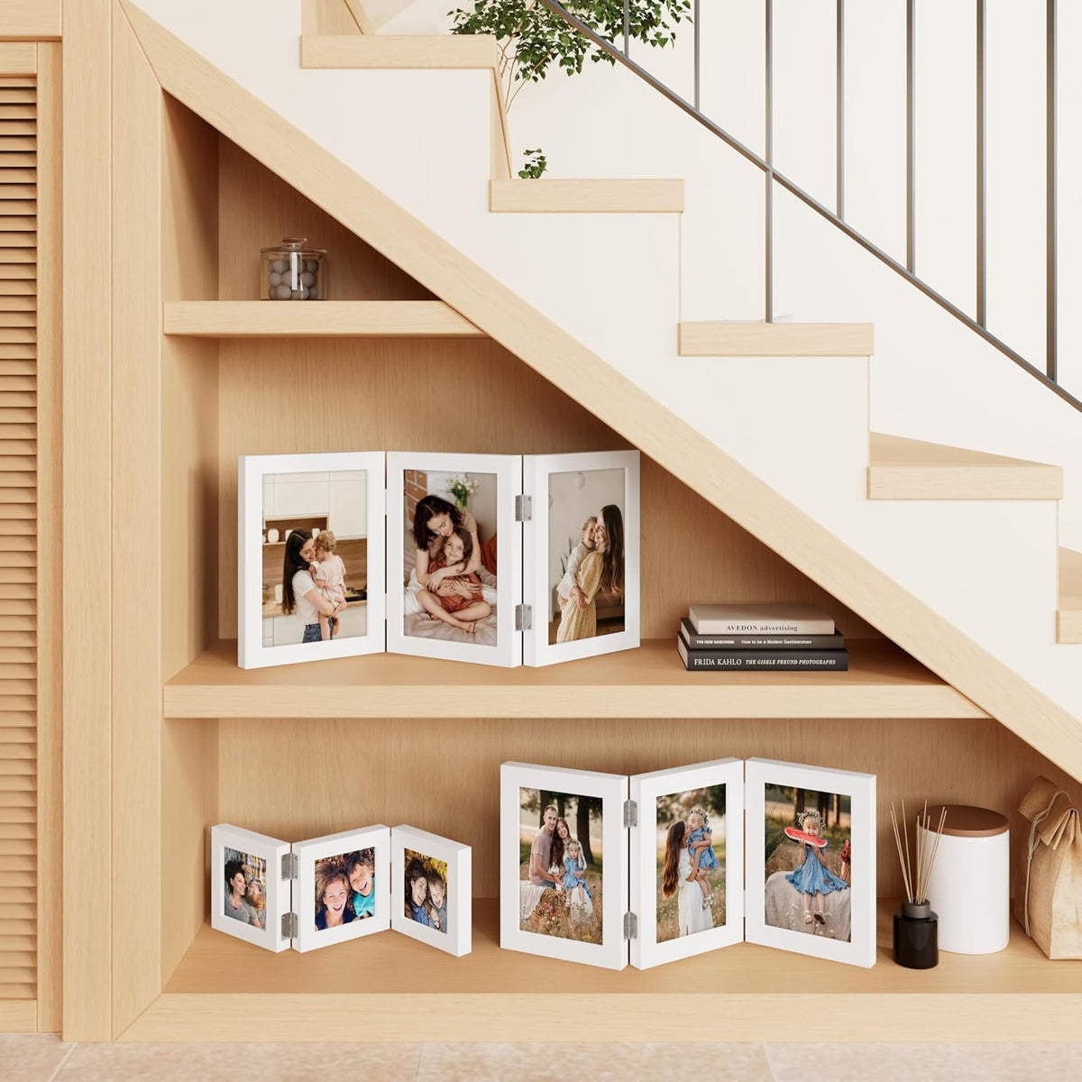 decorUhome White Triple 7x5 Picture Frame Horizontal, MDWT08 | "Z" Shape Folding Design Engineered Wood Trifold Photo