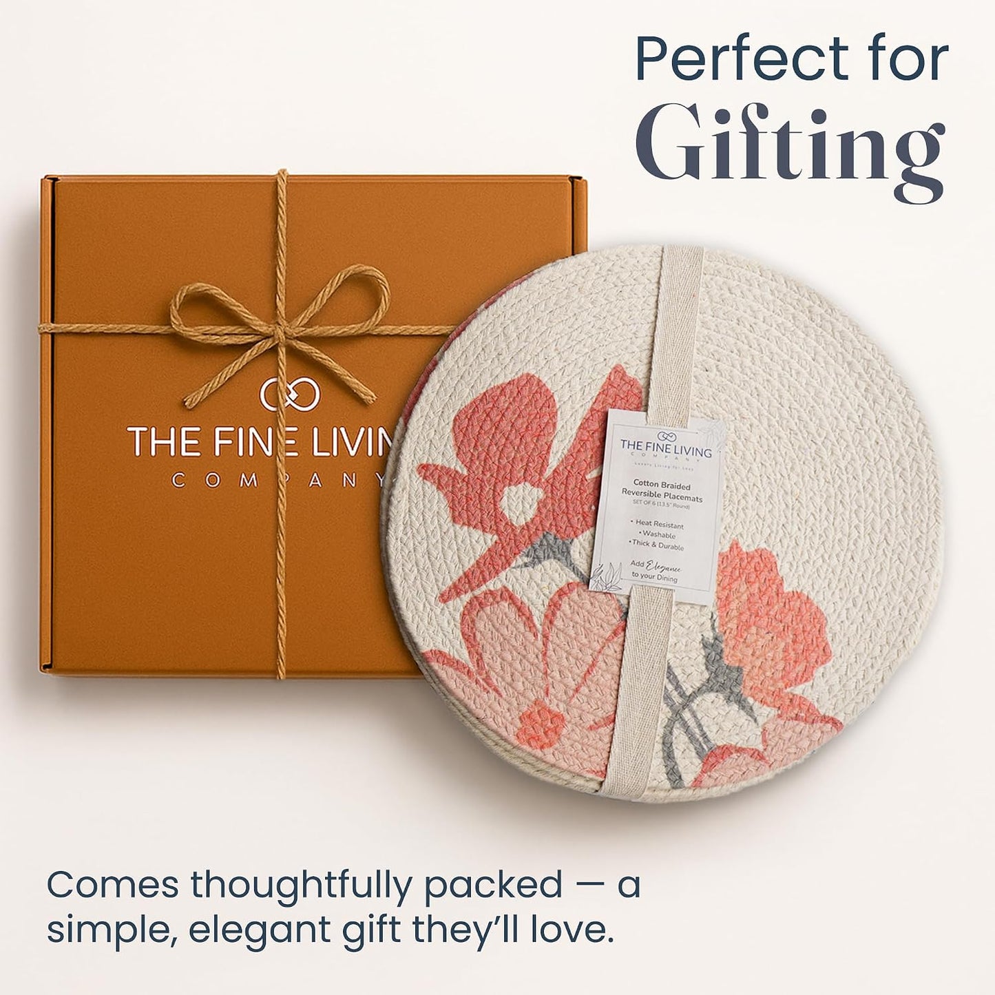 The Fine Living Braided Cotton Placemats, Round Table Mats, Set of 6,13.5" | Washable Anti-Slip Heat Resistant Braided