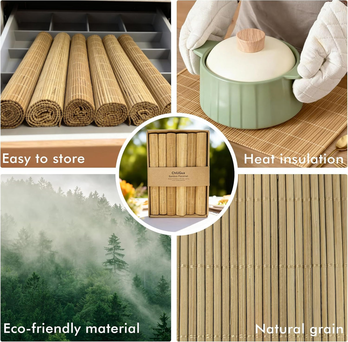 8-Pack Bamboo Placemats,Woven Heat-Resistant Rectangular Table Mats,Natural Dining Place Mats, Rustic Japanese Style
