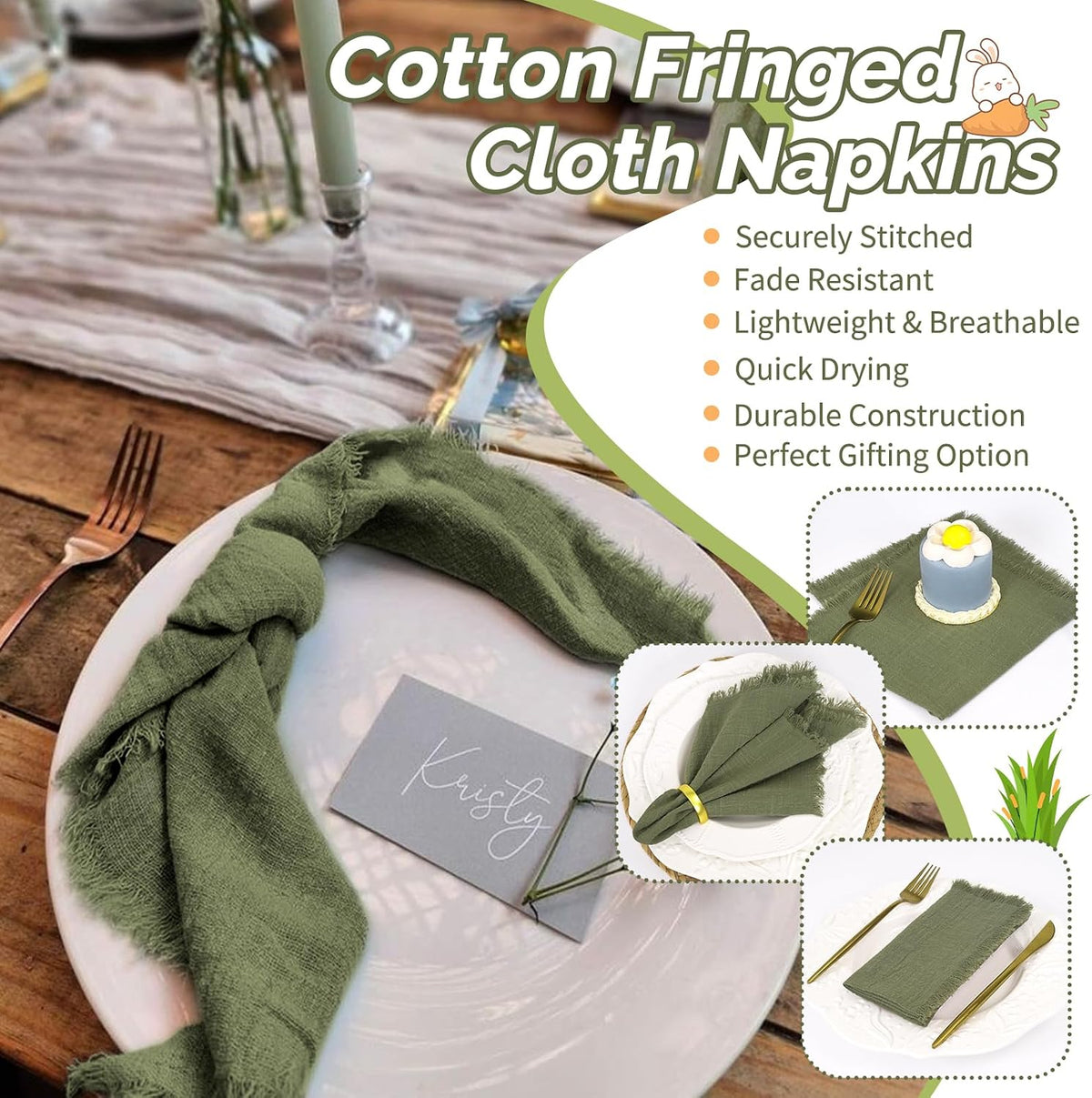 Showgeous 30 Pack Olive Green Cloth Napkins with Fringe, 16x16 inch | 100% Cotton Green Napkins Handmade Dinner Napkins