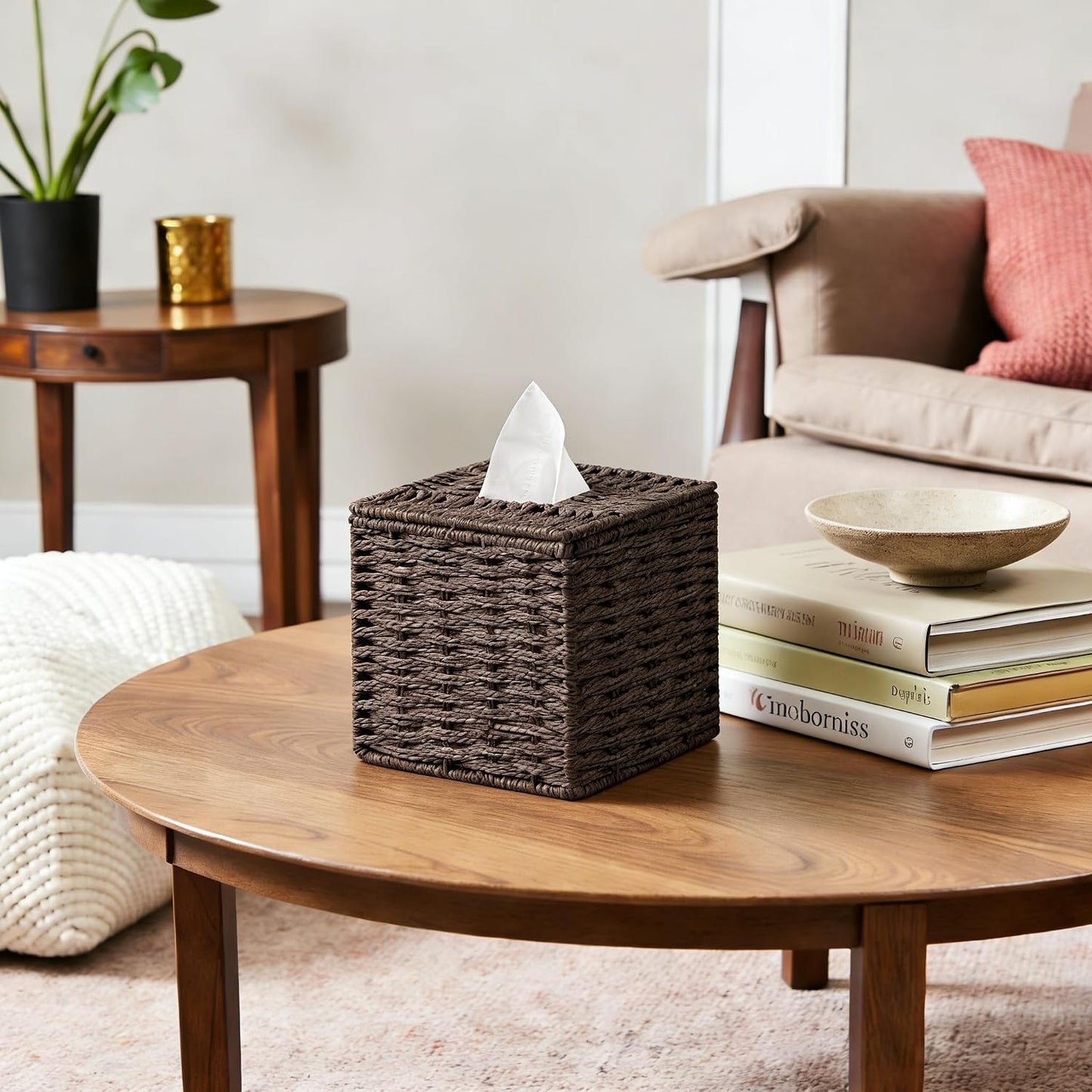 Paper Rope Hand Woven Square Tissue Box Holder / Dark Brown