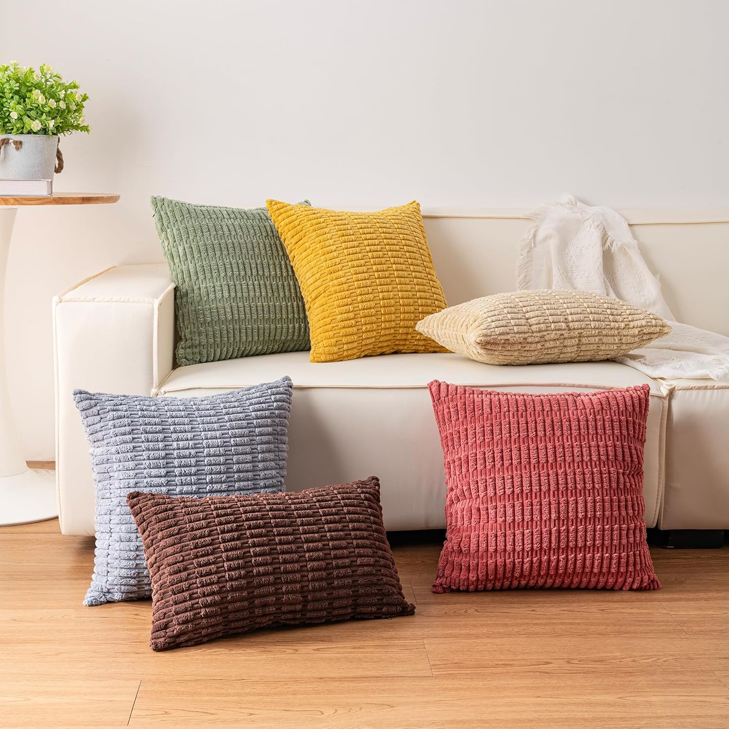 Corduroy Decorative Throw Pillow Covers InchSoft Striped Pillow / Sage Green / 26 x 26 / Set of 2