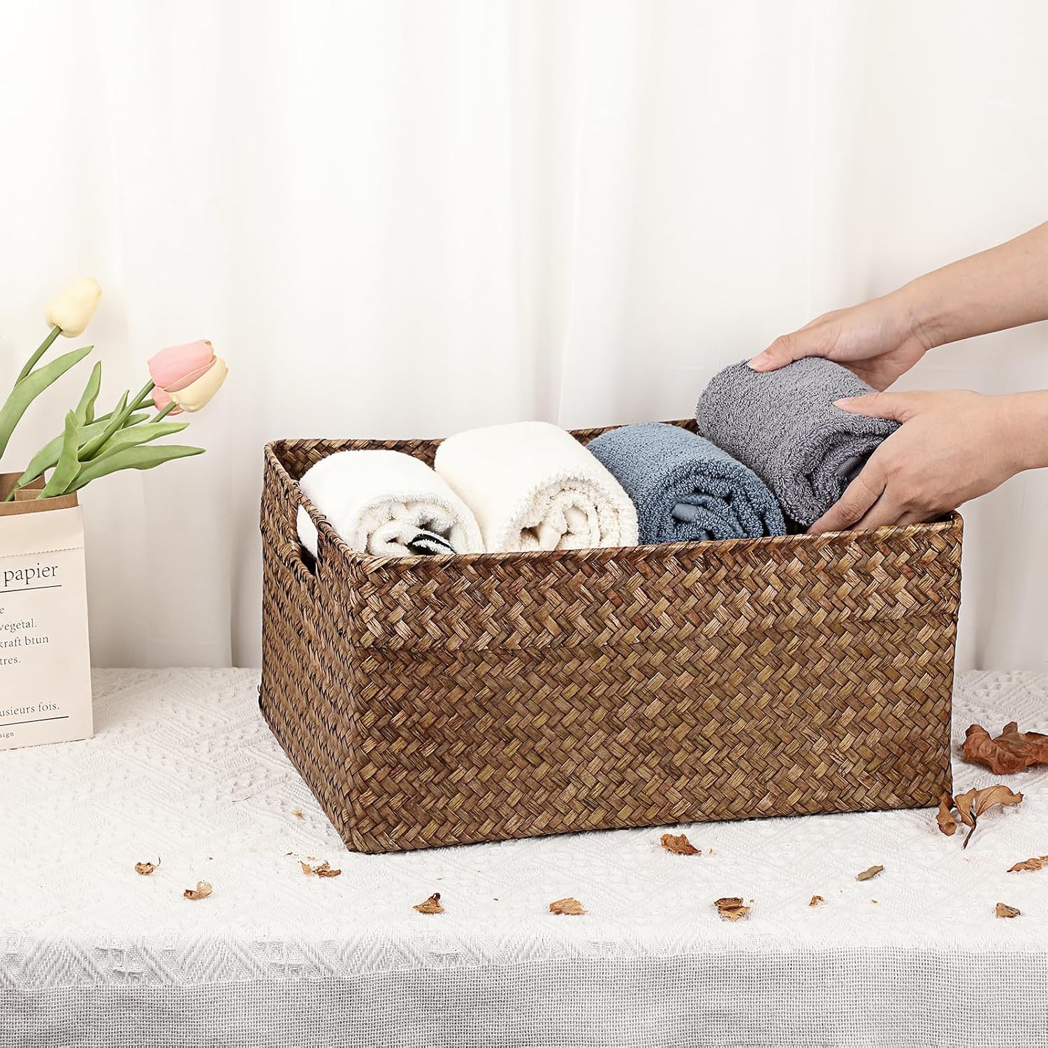 Seagrass Storage Baskets Bin / 16.1 x 11.8 x 7.7 / Large / Coffee