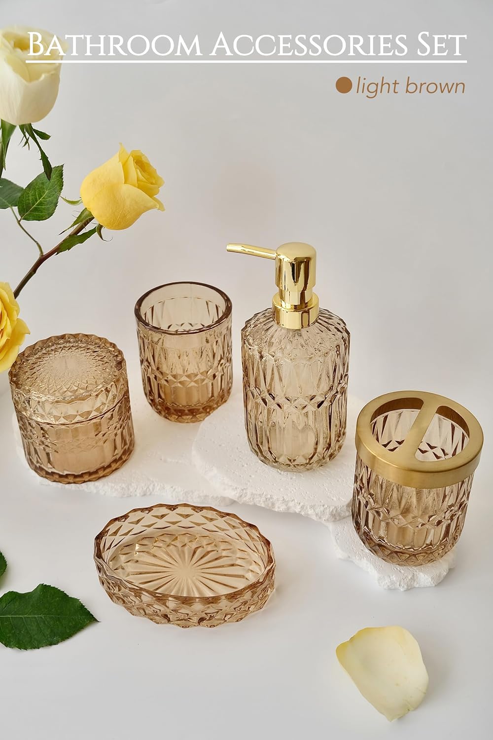 LaMarriti Brown Bathroom Accessories Set, 5Pcs Glass Bathroom Set, Soap Dispenser and Toothbrush Holder Set, Soap Dish