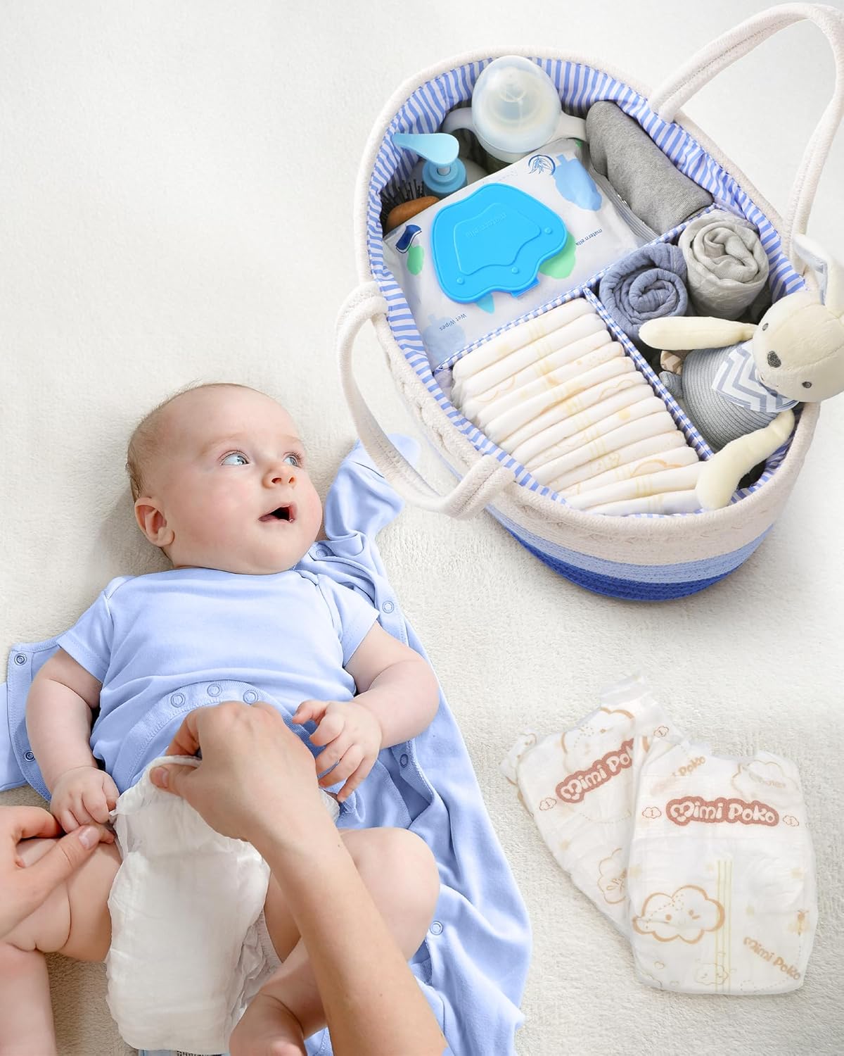 Baby Diaper Caddy Organizer / Large / White and Blue