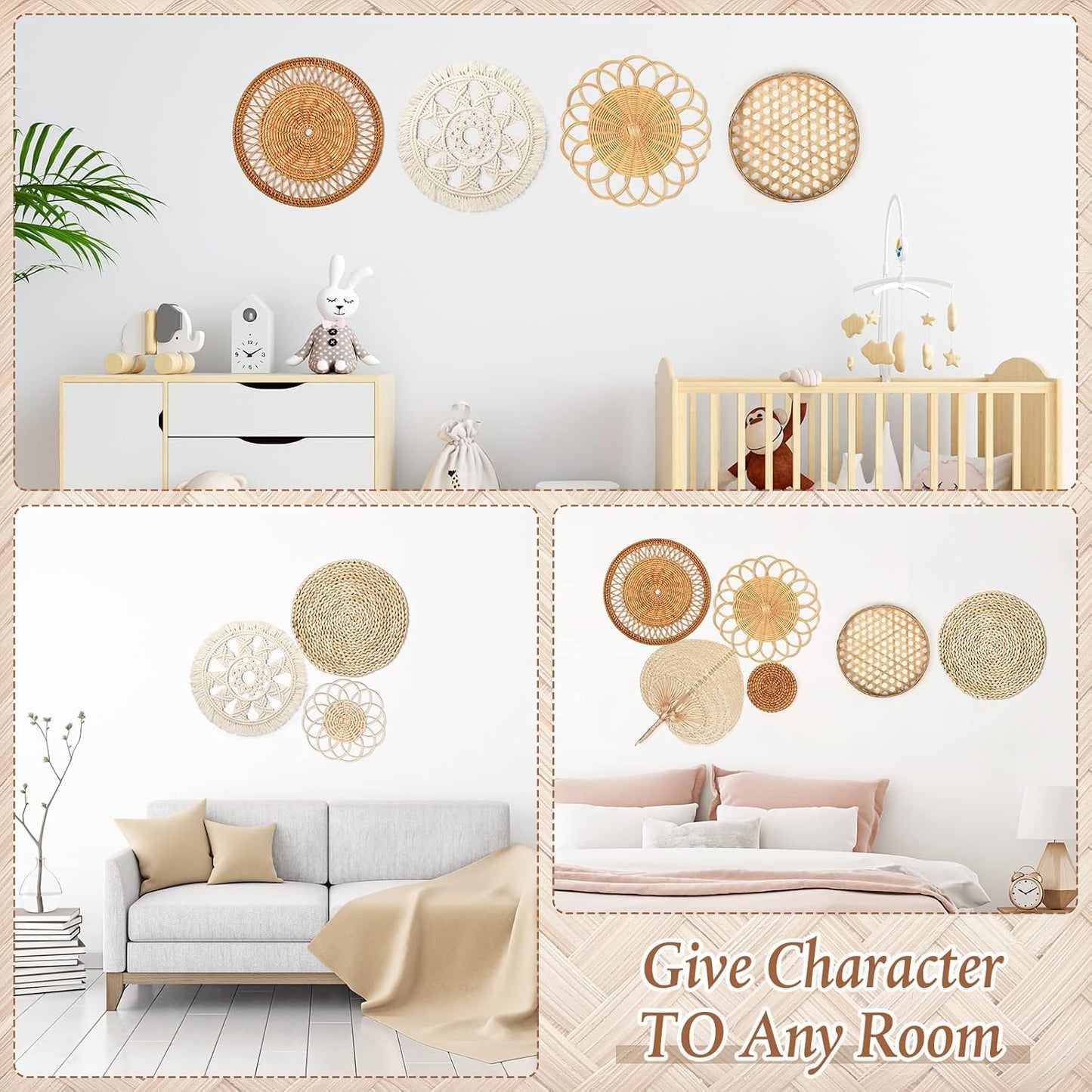 Boho Wall Basket Decor Woven Rattan Flat Baskets Round Handmade Wicker Bamboo Hanging / Set of 8