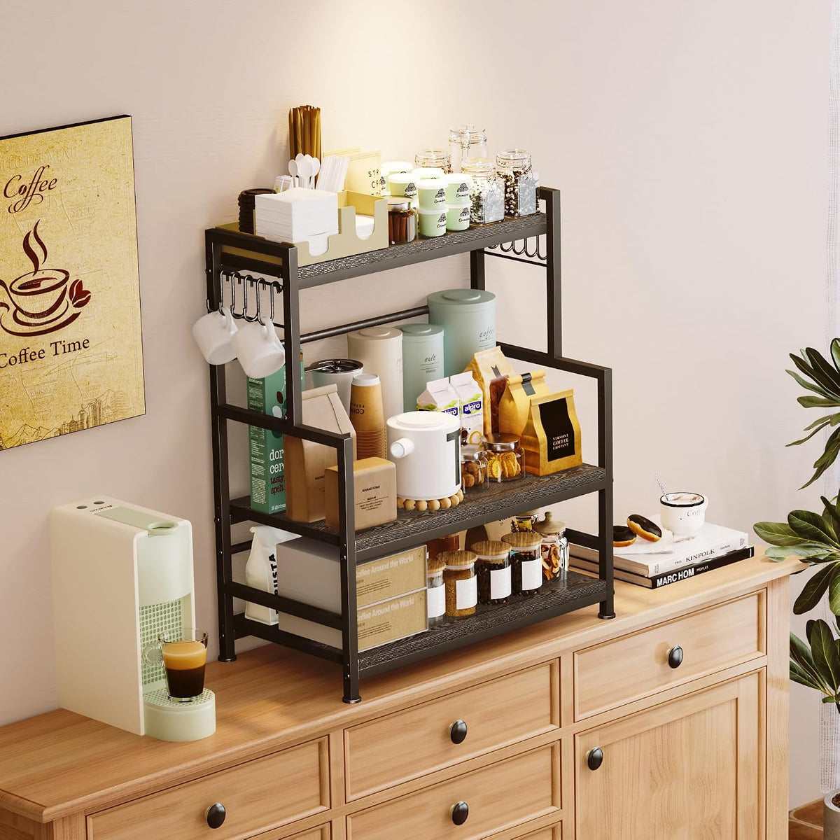 23.6"W Large Kitchen Countertop Organizer, 3 Tier Spice Rack Organizer with Adjustable Shelf and 10 Hooks, Wooden