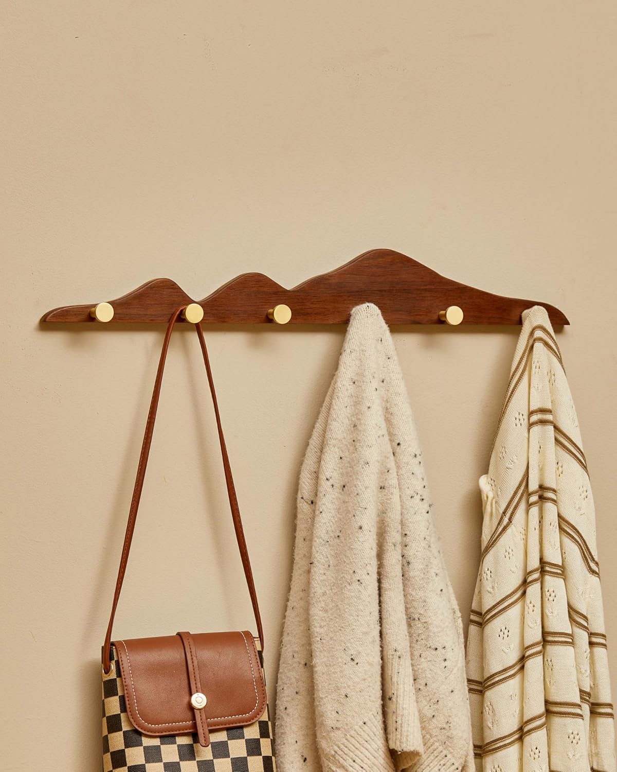 Wood Coat Hooks Wall Mount - Wooden Coat Rack with 6 Gold Brass Hooks for Entryway Bathroom Bedroom, Modern Decorative