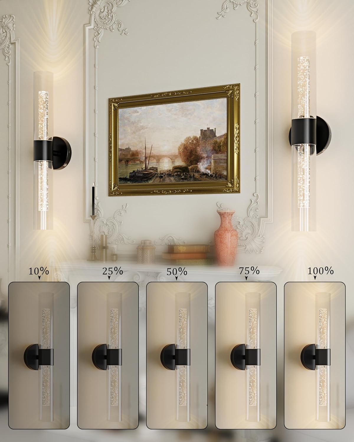 Black Wall Sconces Battery Operated with Remote Control, 21.5 Inch 3CCT | Rechargeable Wall Sconce with Timer