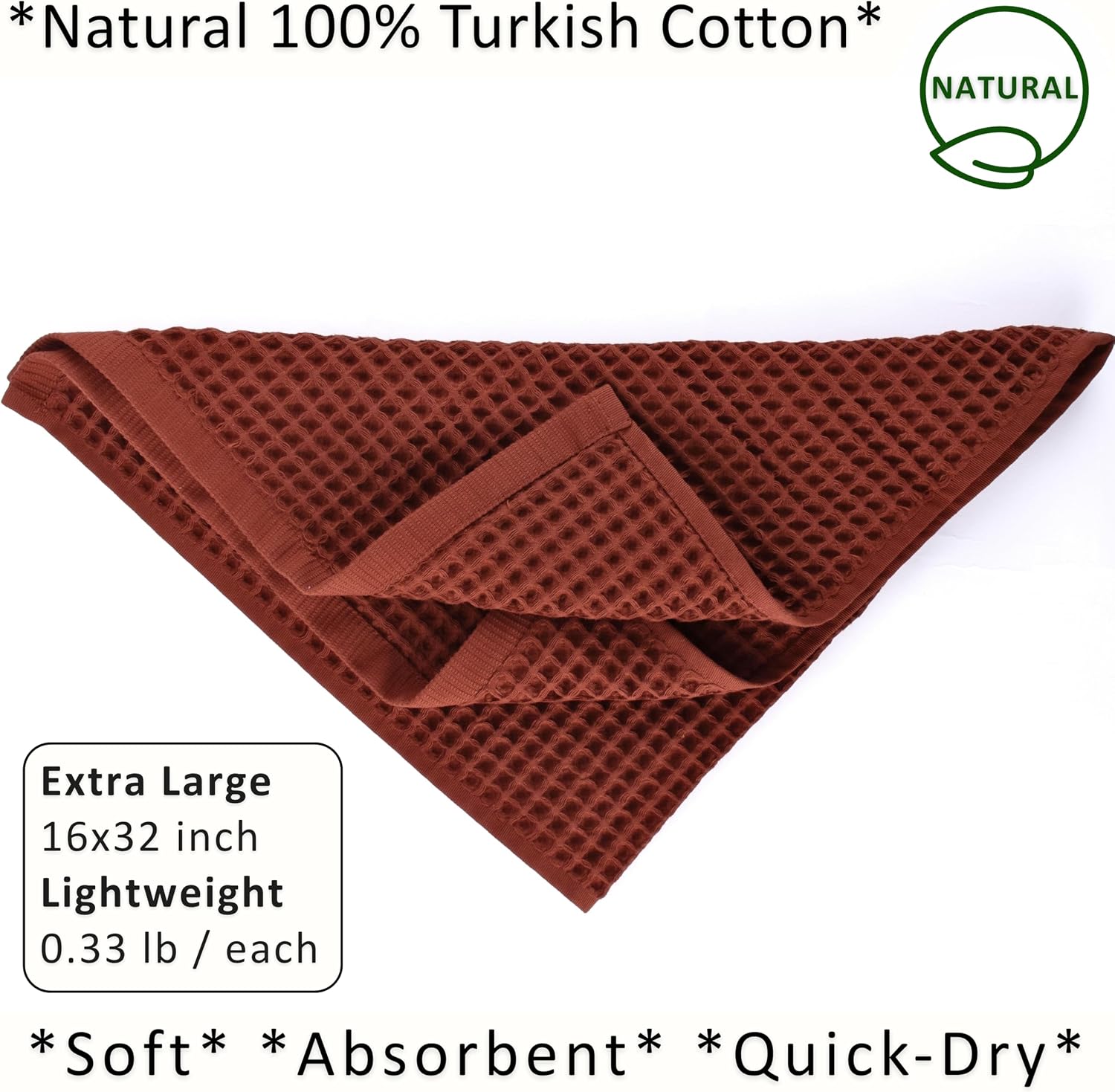 PÜSKÜL Natural 100% Turkish Cotton Waffle Hand and Kitchen Towels Set of 3 | Brick-Red, Large 32x16 inc