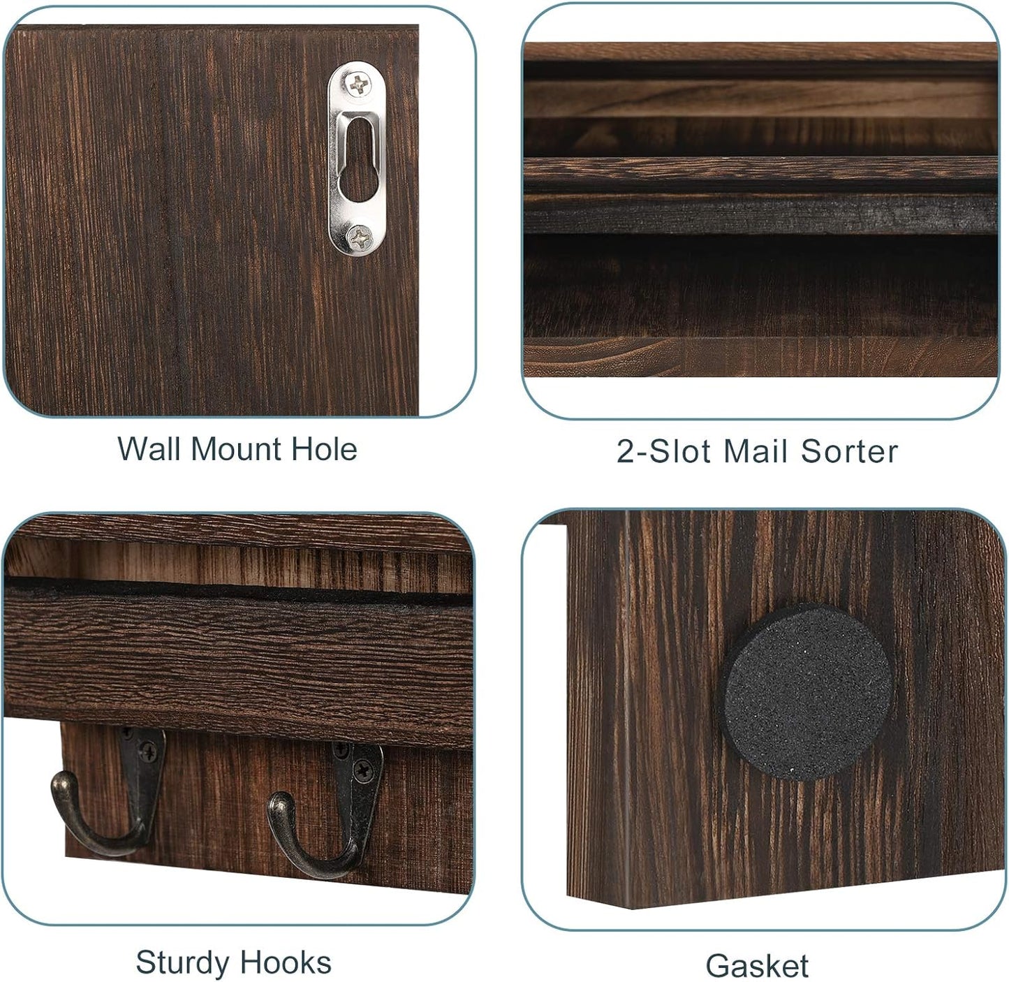 Mail Holder / 4 Key Hooks / Dark Brown