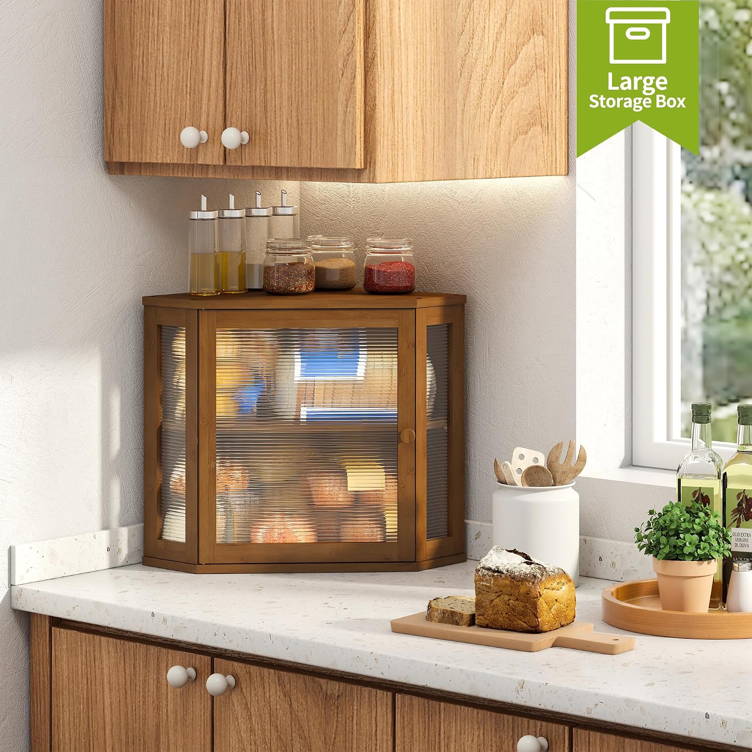 BMOSU Corner Bread Box for Kitchen Countertop Double Layer Bamboo Wooden Bread box Large Capacity Bread Storage