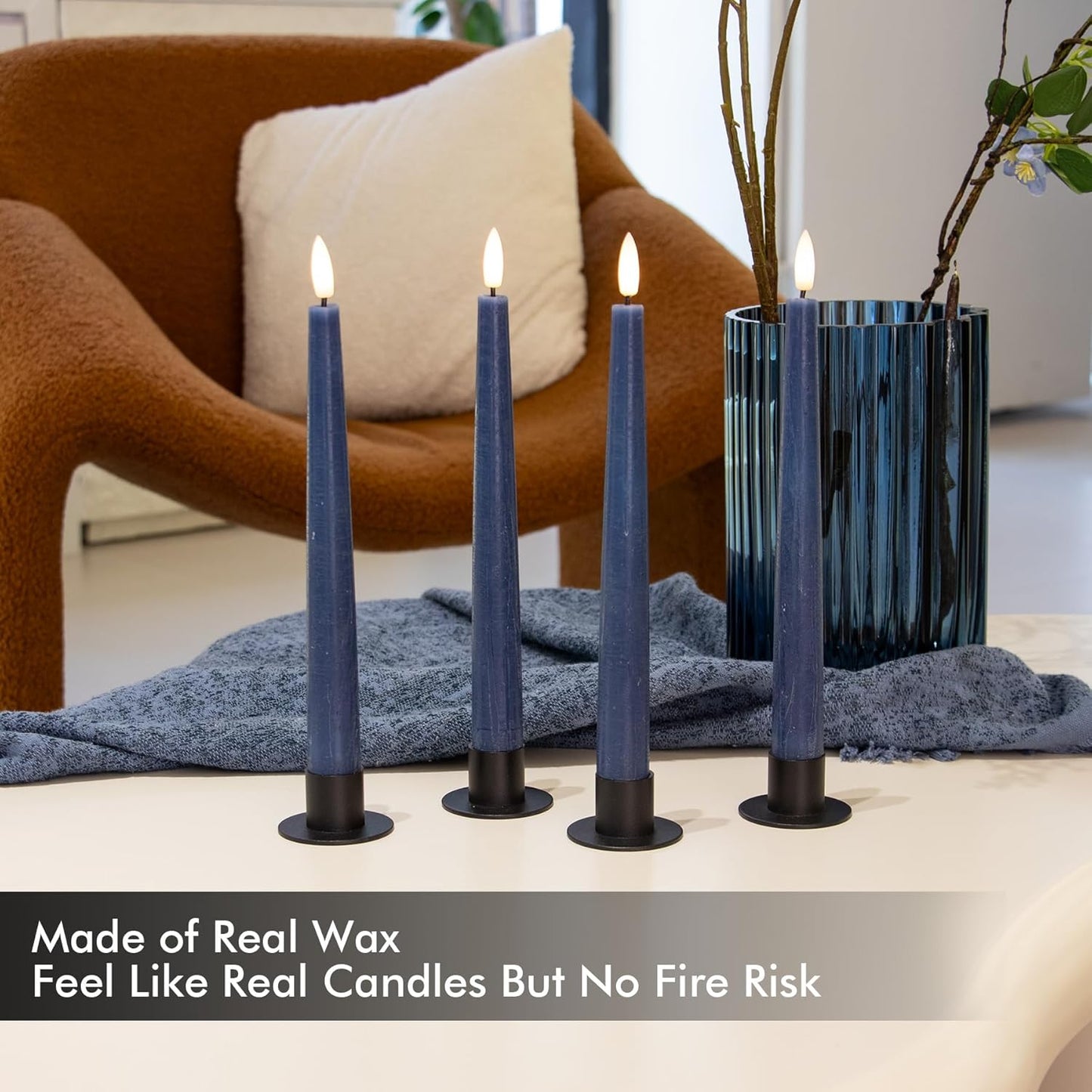 9.6" Flameless LED Taper Candles with Timer in Real Wax, Battery Operated Rustic Wax Dinner Candlesticks with Remote, 8