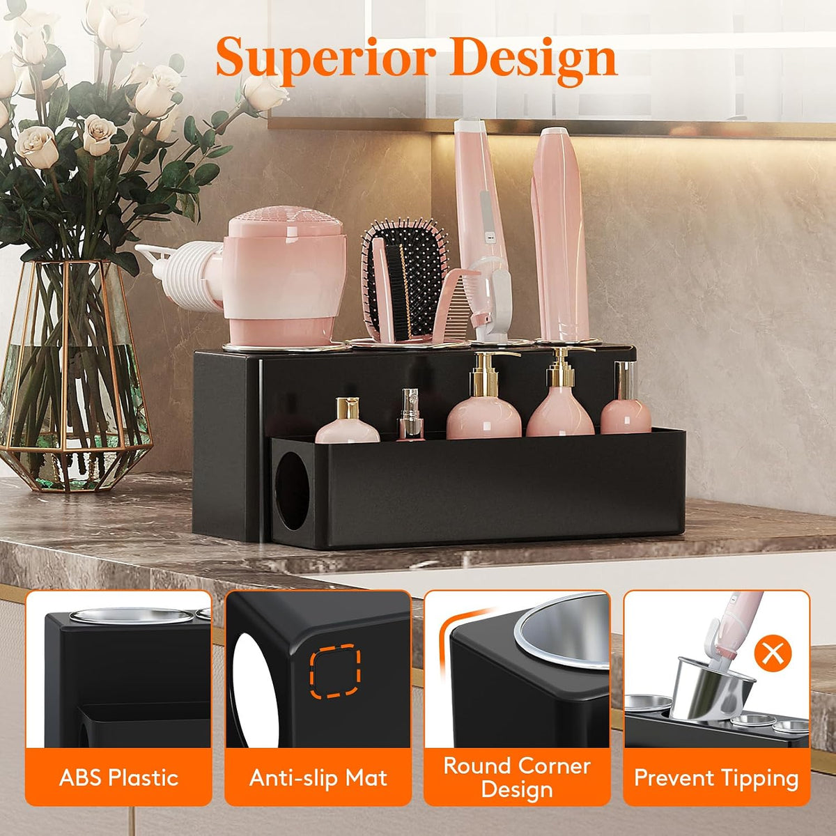 Lifewit Hair Tool Organizer Dryer Holder Countertop with 4 Cups, Black | 4 Stainless cups Tools Organizer, Acrylic body