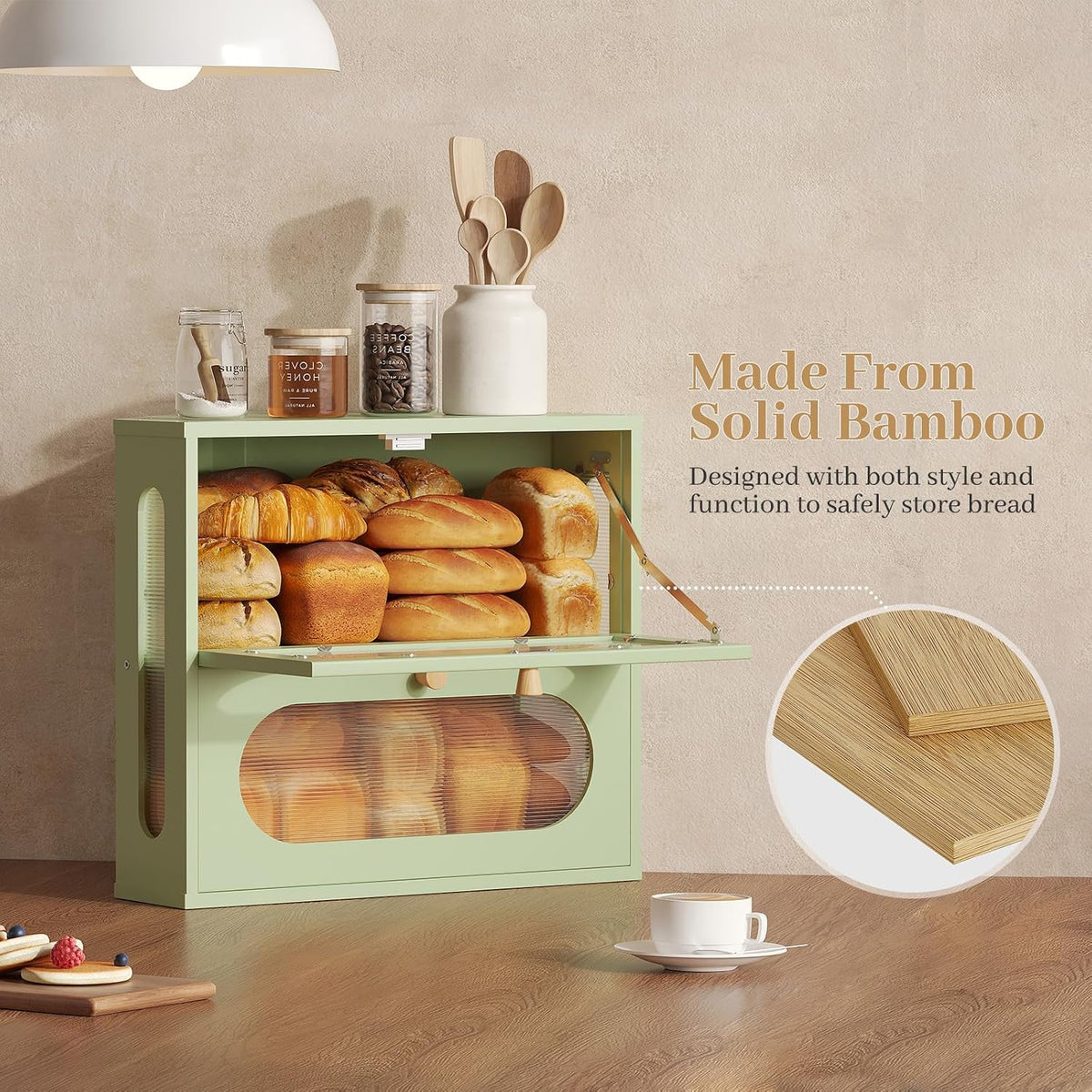Corner Bread Box for Kitchen Countertop, 2026 New Double Layer Bamboo Bread Storage Bin, Large Bread Container for