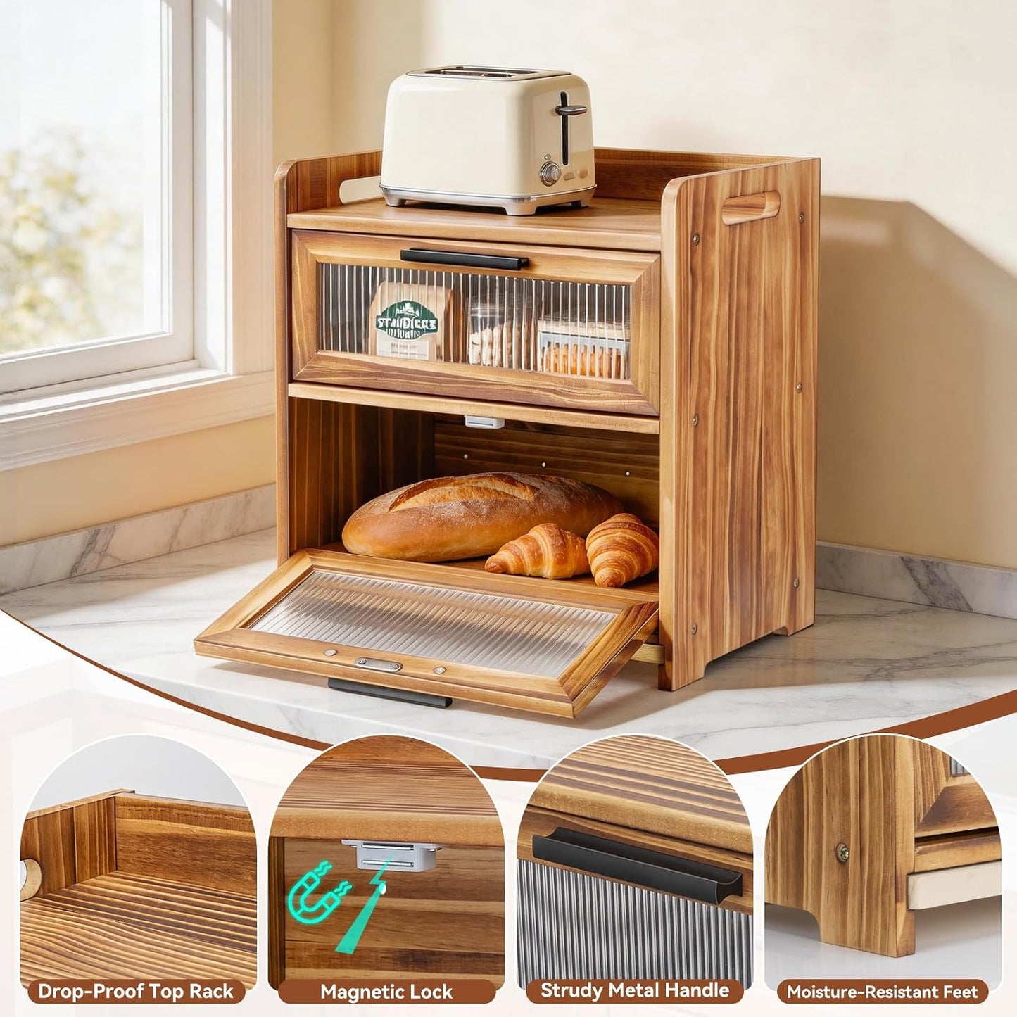 Bread Box for Kitchen Countertop, Large Wooden Breadbox with Cutting Board | Double Layer Bread Storage Container for