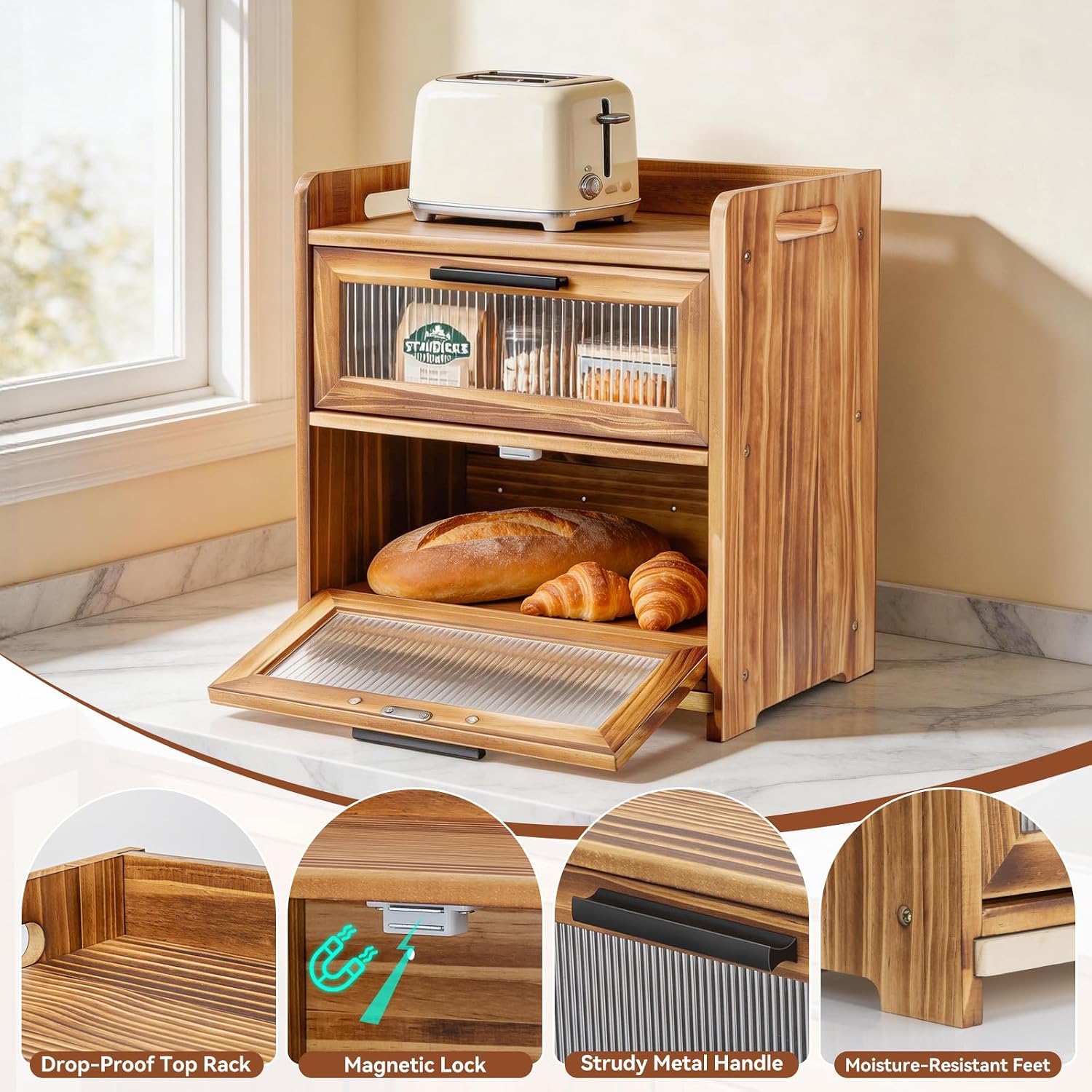 Bread Box for Kitchen Countertop, Large Wooden Breadbox with Cutting Board | Double Layer Bread Storage Container for