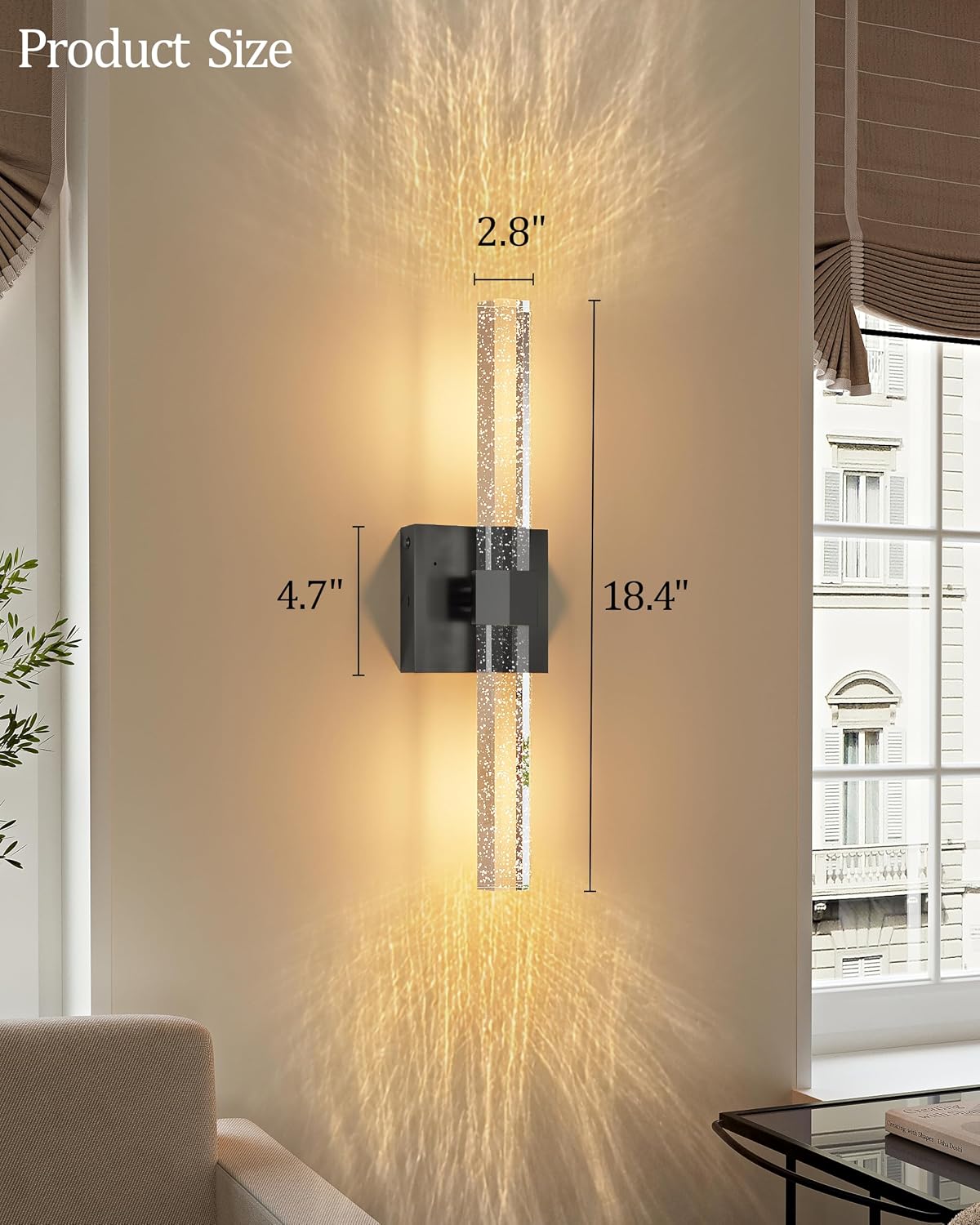 Battery Operated Wall Sconces Set of 2, Black, Bubble Crystal, 18.4 Inch | LED Wireless Rechargeable Wall Lights
