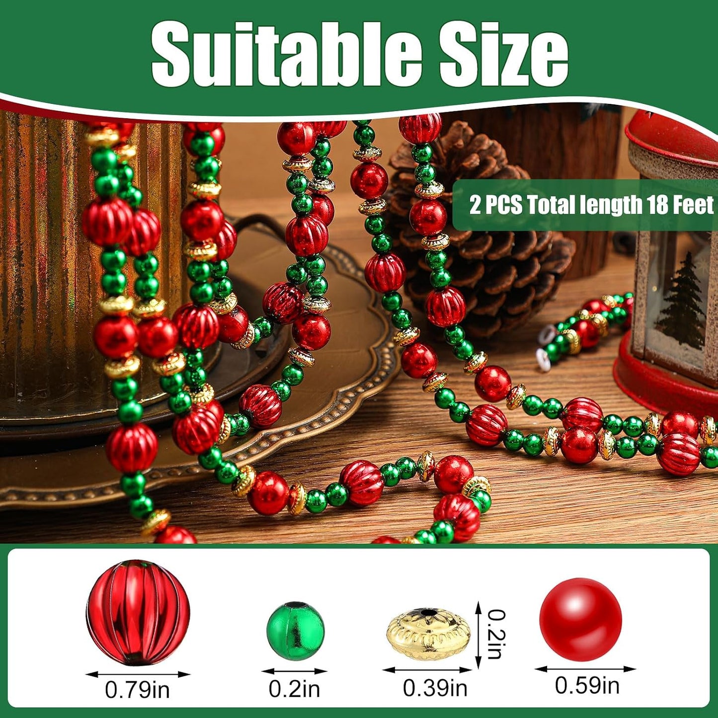 Geosar 12 Pcs 2 Pcs Bead Garland for Christmas Tree 9 Feet Red and Green | Twisted Pearl Beads with Gold Spacers