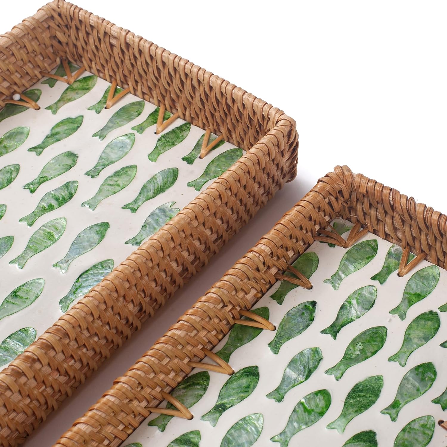 Rattan Bathroom Vanity Tray / Green Fish / Set of 2