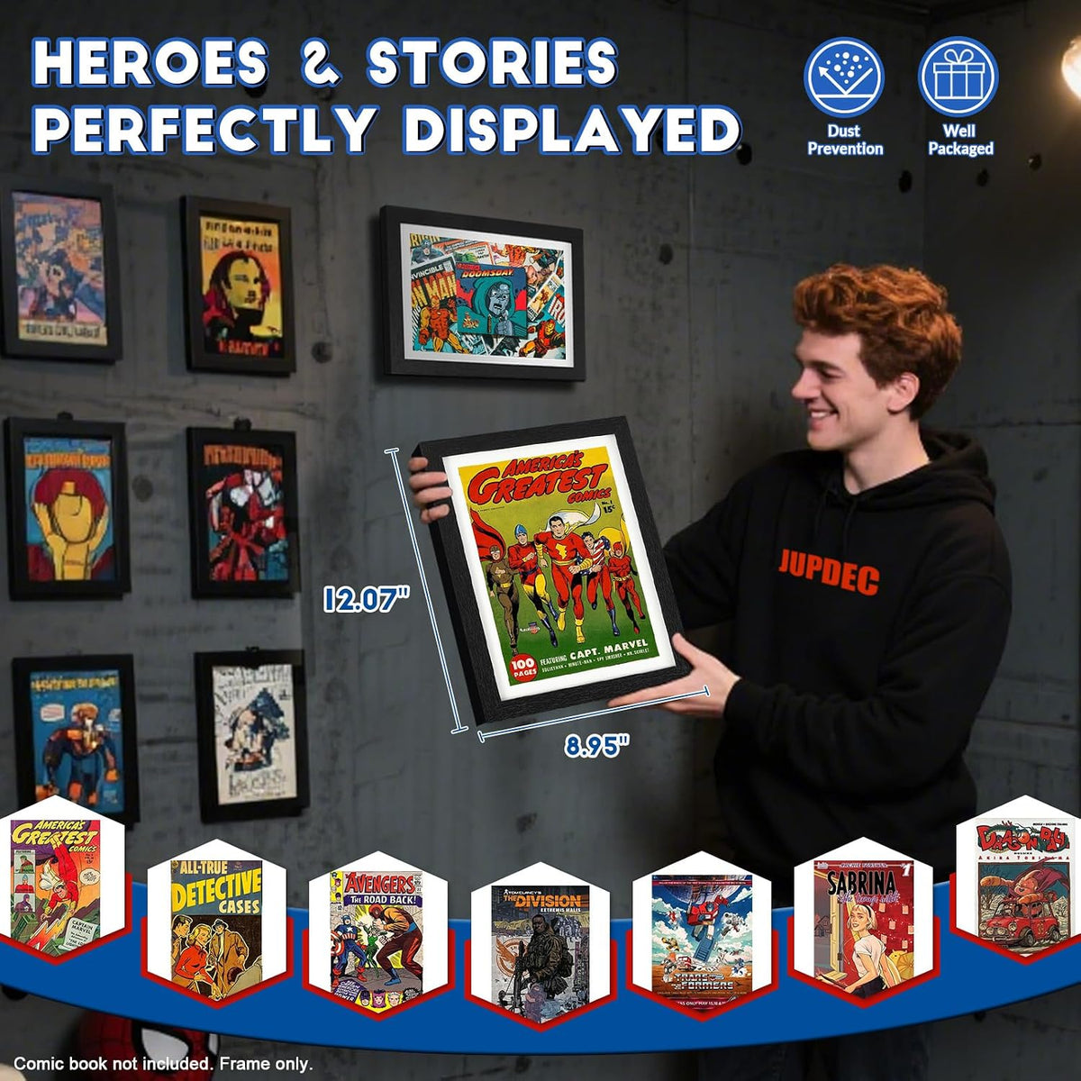 Comic Book Frame, Premium Wood Display Case for 6 11/16" × 10 3/16" Comic, Wall Mount or Tabletop Stand, Layered Design