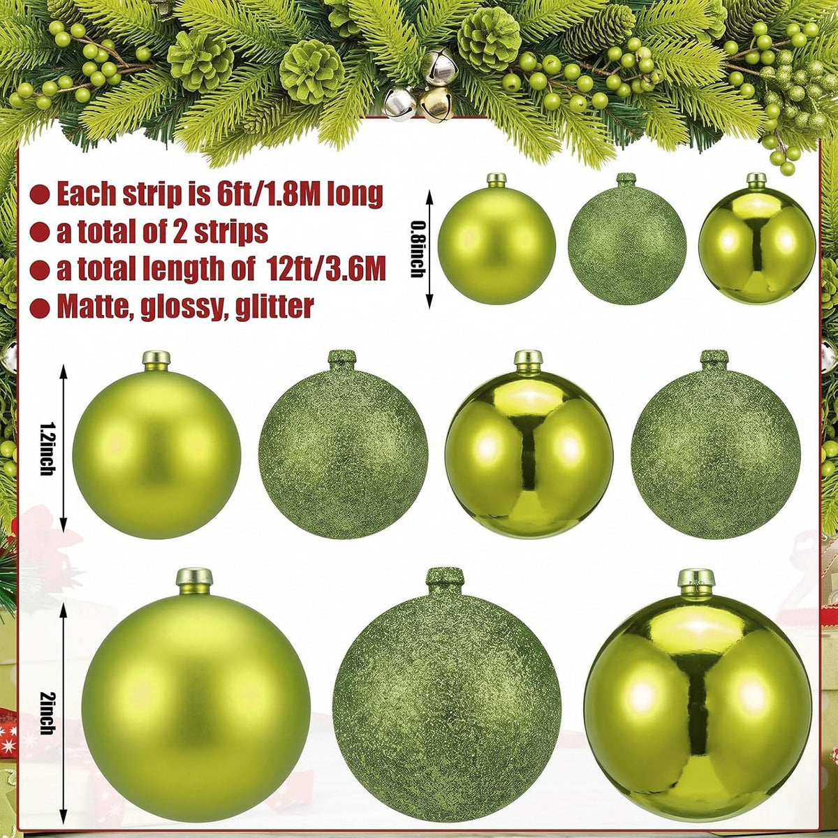 2 Pcs 6 ft Christmas Ball Ornament Garland, Light Green | Bauble Bulb Christmas Tree Ball Decoration Shatterproof