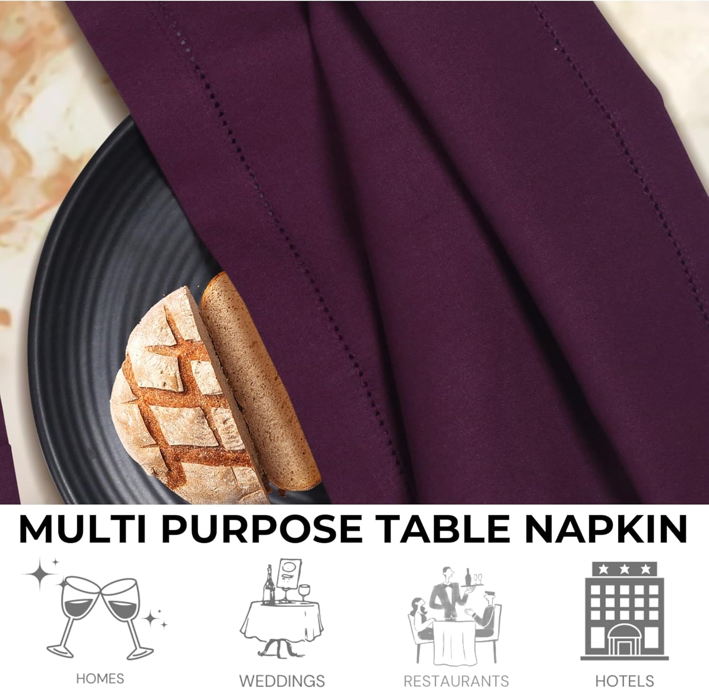 Bedding Craft Cotton Dinner Napkins Set of 12, 18x18, hemstitched, Plum | Machine Washable Soft Fabric Napkins for