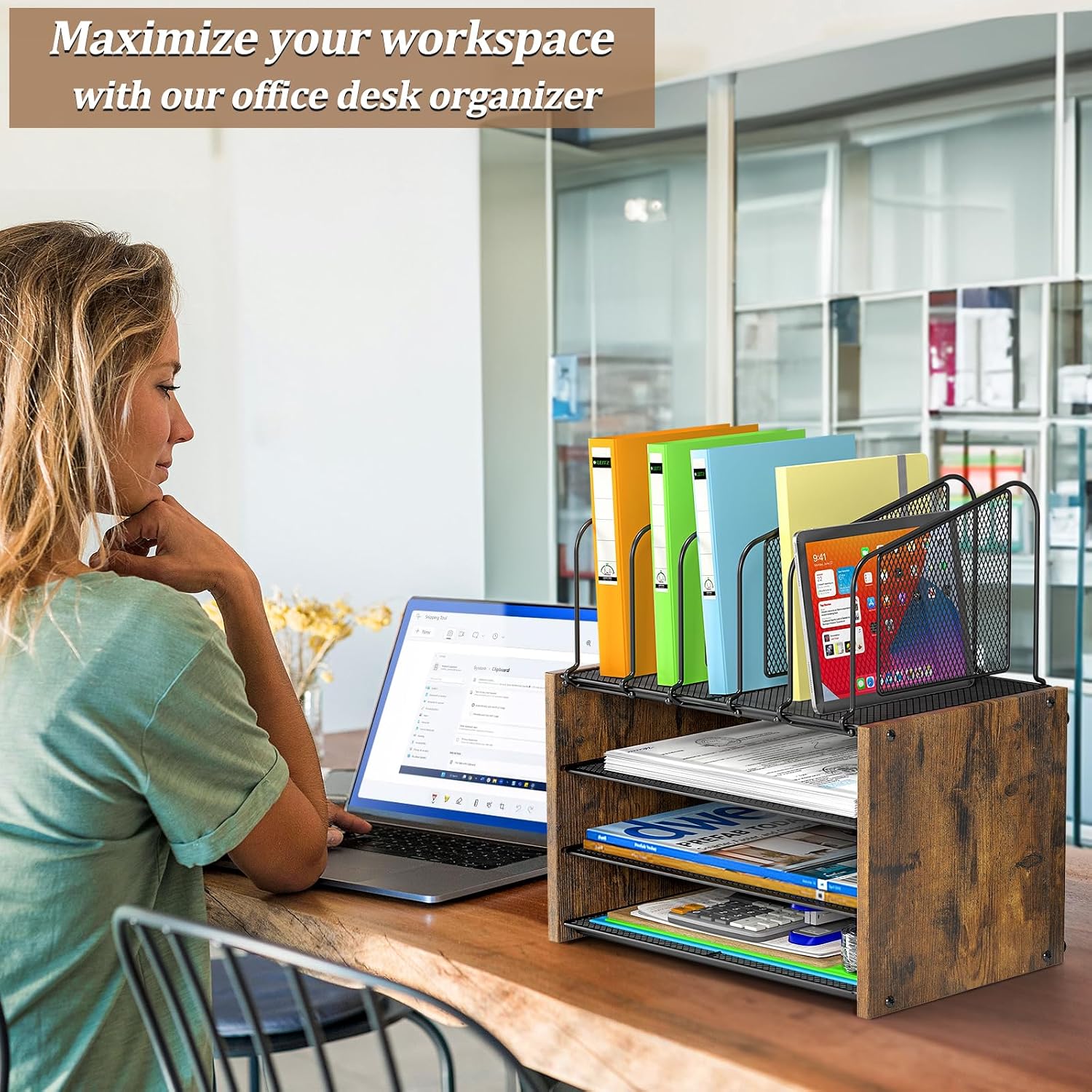 4-Tier Desk Organizer, Desk File Organizer with 5 Vertical File Holders, Office Desktop Organizer with 3 Level Paper