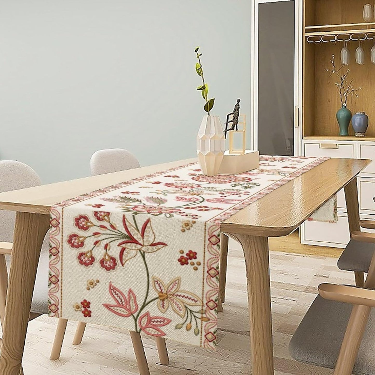 Rustic Floral Table Runner, Ethnic Style Leaf Floral Art Design Patterns Printed Linen Table Runner for Home Kitchen